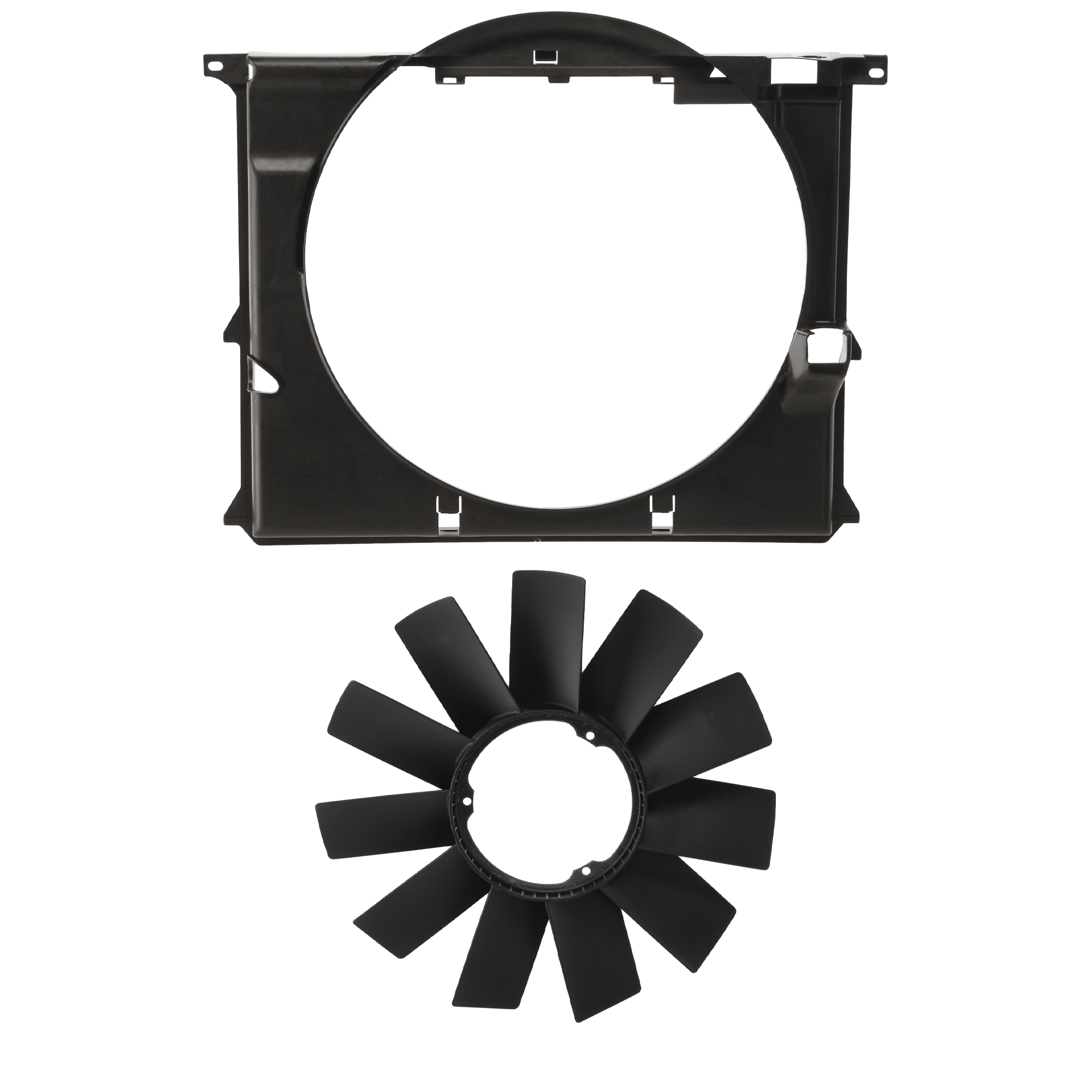 AM 3 SERIES 92-99 RADIATOR FAN SHROUD 2 pc Kit 6 Cyl. includes Radiator Fan Blade SKU KIT 091825-174 Partslink BM3112100 OEM 11521712058