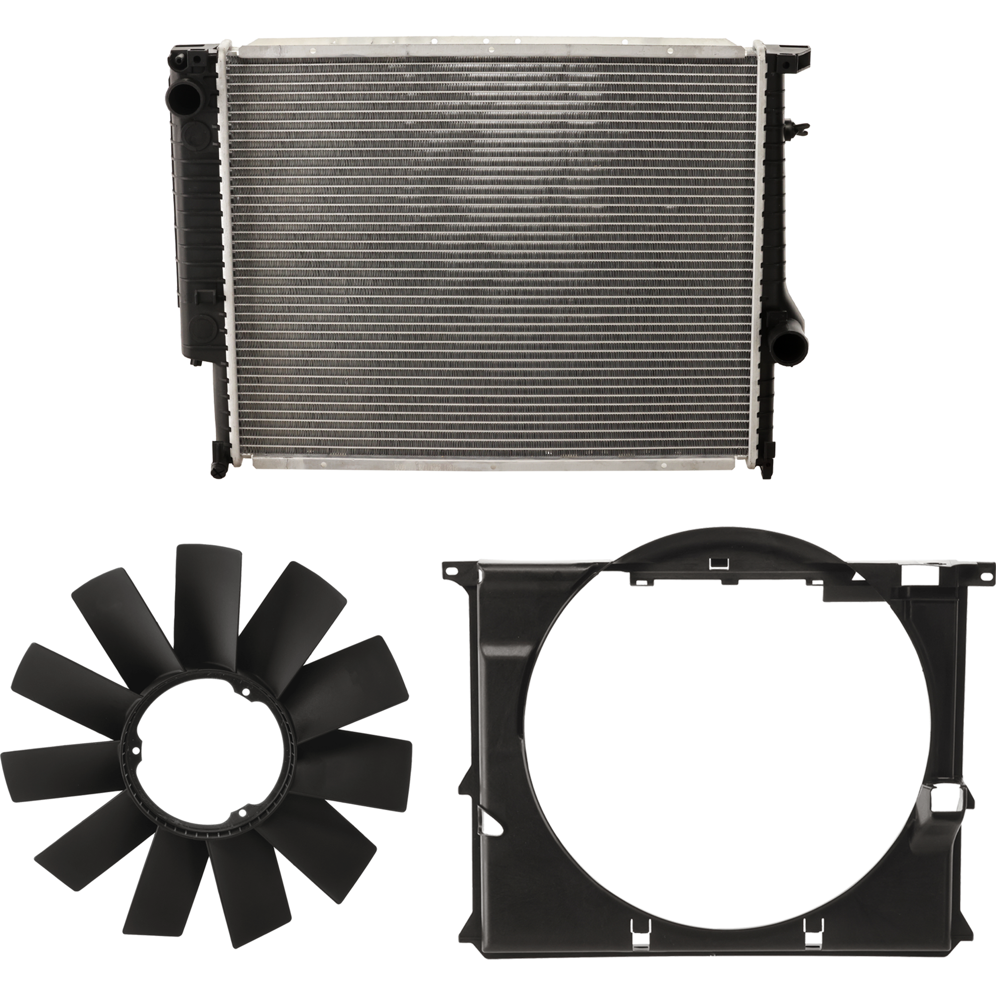AM 3 SERIES 92-99 RADIATOR 3 pc Kit 6 Cyl. includes Radiator Fan Blade and Fan Shroud SKU KIT 091825-175 Partslink BM3112100 BM3110101 OEM 11521712058-17111723031