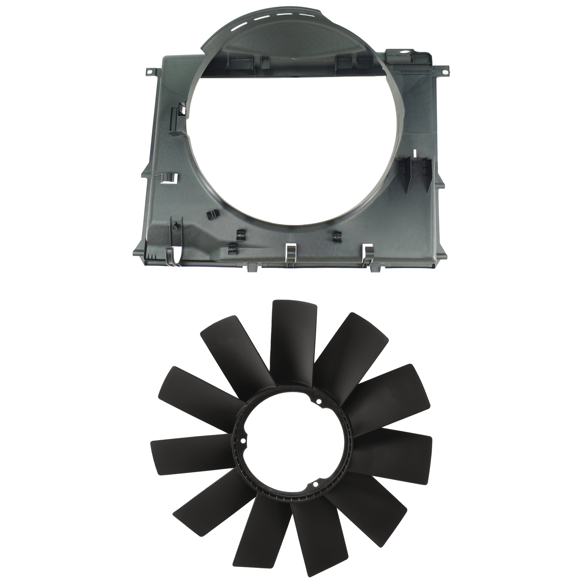 AM 5 SERIES 97-03 RADIATOR FAN SHROUD 2 pc Kit 6 Cyl. includes Radiator Fan Blade SKU KIT 091825-176 Partslink BM3112100 OEM 11521712058