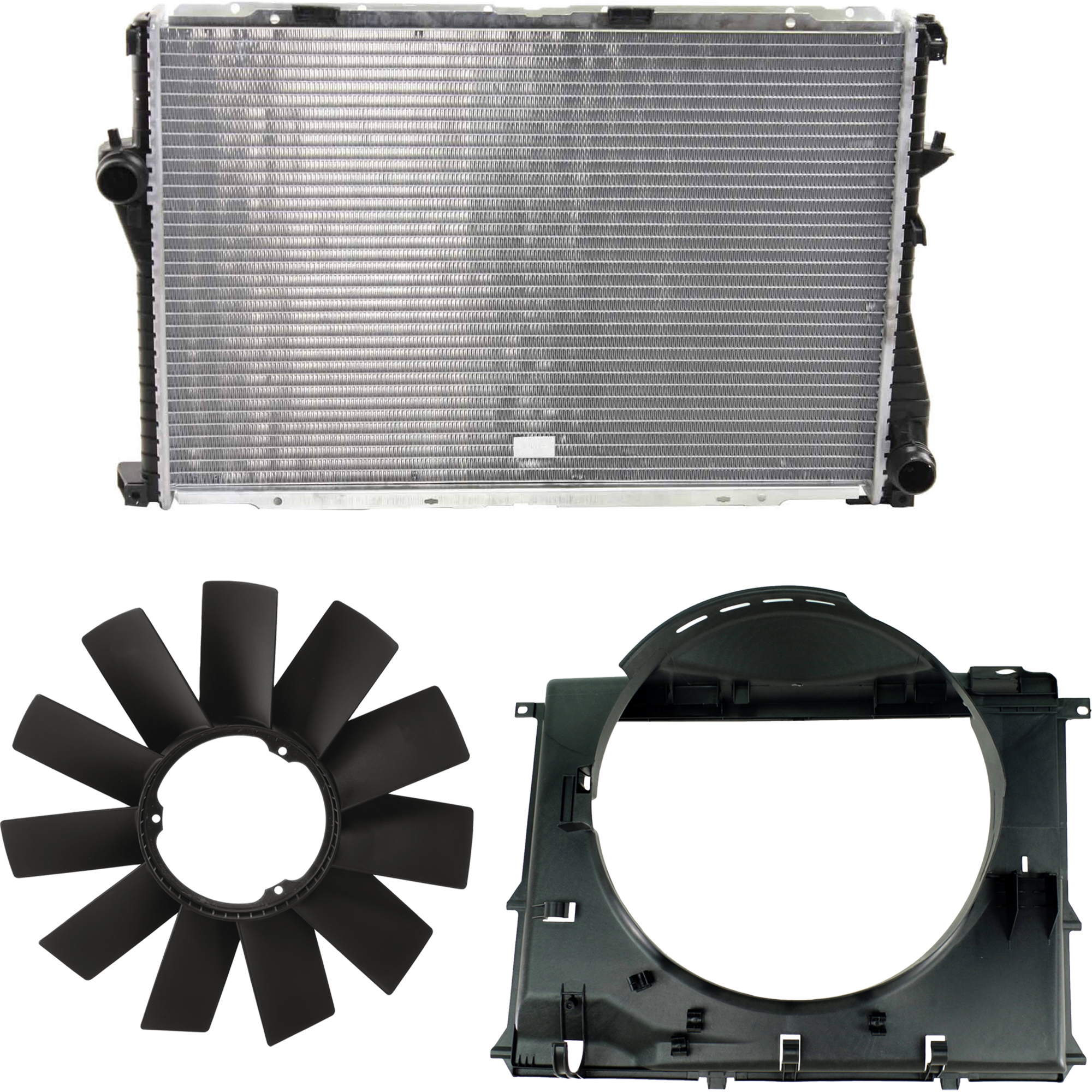 AM 5 SERIES 97-03 RADIATOR 3 pc Kit 6 Cyl. includes Radiator Fan Blade and Fan Shroud SKU KIT 091825-177 Partslink BM3112100 BM3110103 OEM 11521712058-17101438457