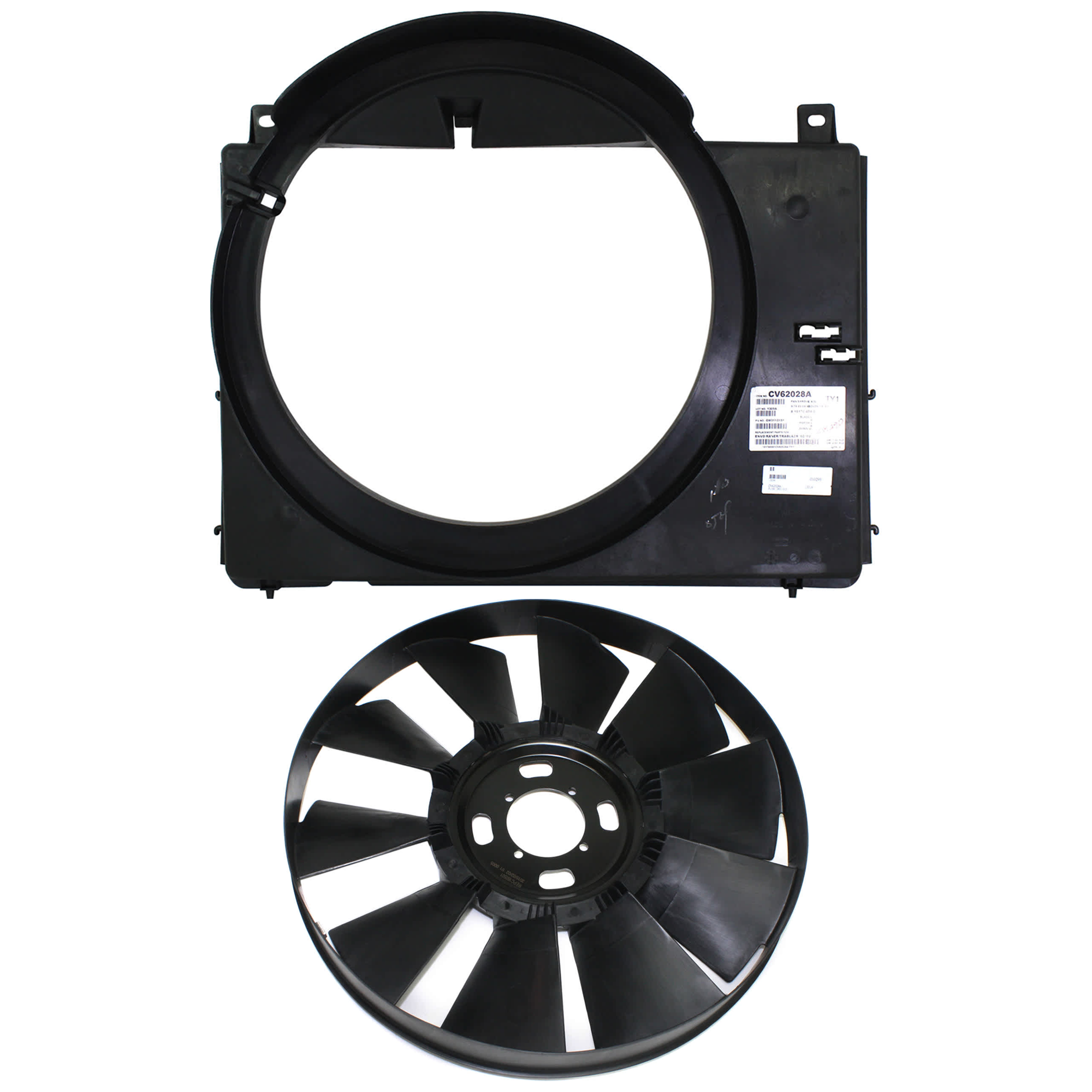 AM ENVOY TRAILBLAZER 02-09 RADIATOR FAN SHROUD 2 pc Kit 4.2L Eng. includes Fan Blade SKU KIT 091825-56 Partslink GM3110151 GM3112117 OEM 15170459-15229250