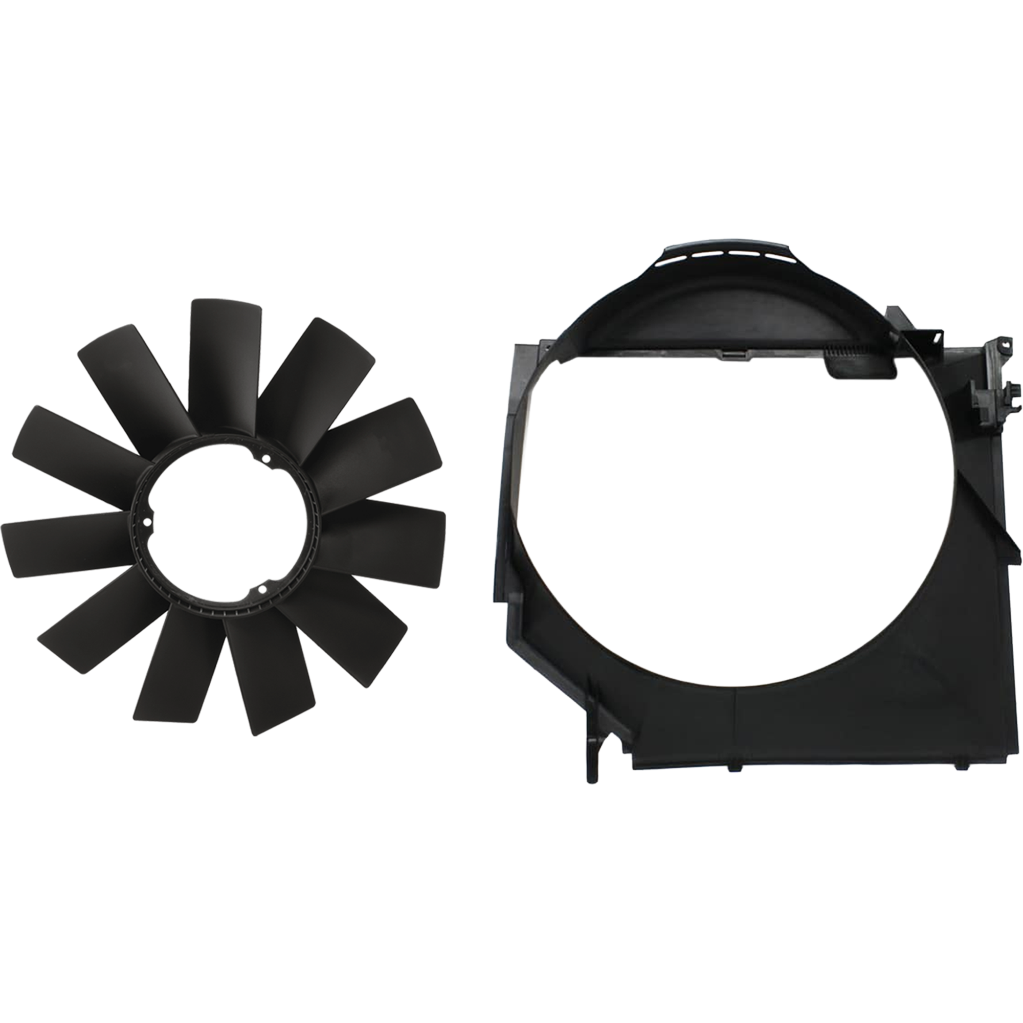 AM 3 SERIES 99-06 RADIATOR FAN SHROUD 2 pc Kit Mechanical Fan type includes Fan Blade SKU KIT 091825-59 Partslink BM3112100 OEM 17111436259-11521712058