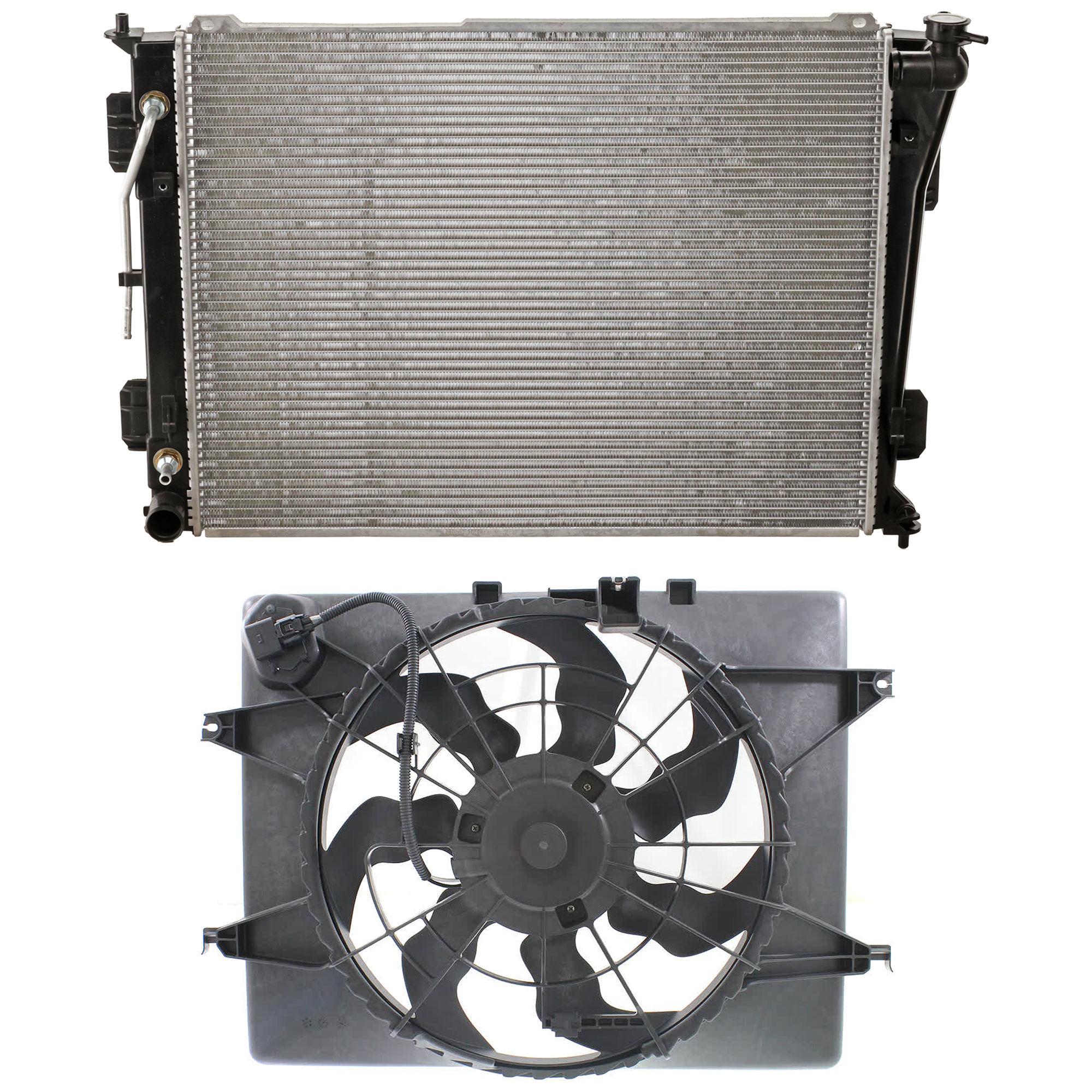AM OPTIMA 11-14 SONATA 11-12 RADIATOR 2 pc Kit Aluminum Core 4 Cyl. 2.4L Eng. 1 Row Core includes Radiator Fan SKU KIT 091825-67 Partslink HY3010171 HY3010183 KI3115136 HY3115129 OEM 253103Q500-253103R700-253803R1