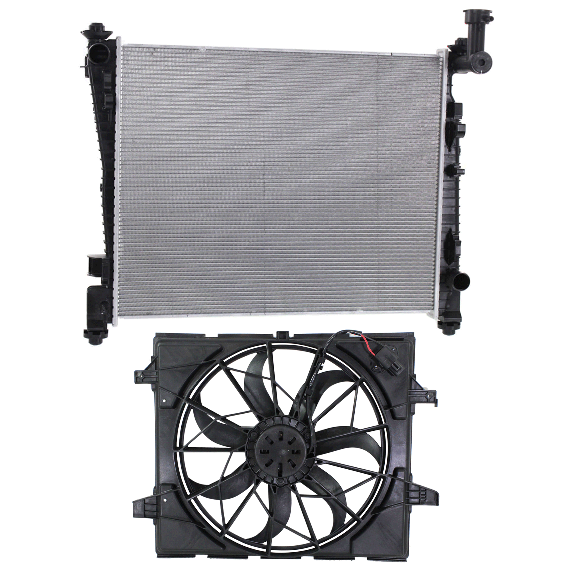 AM DURANGO 11-14 GRAND CHEROKEE 11-21 RADIATOR 2 pc Kit Standard Duty Cooling 3.6L 5.7L Eng. includes Radiator Fan SKU KIT 091825-77 Partslink CH3010356 CH3115170 OEM 52014529AB 55037992AD