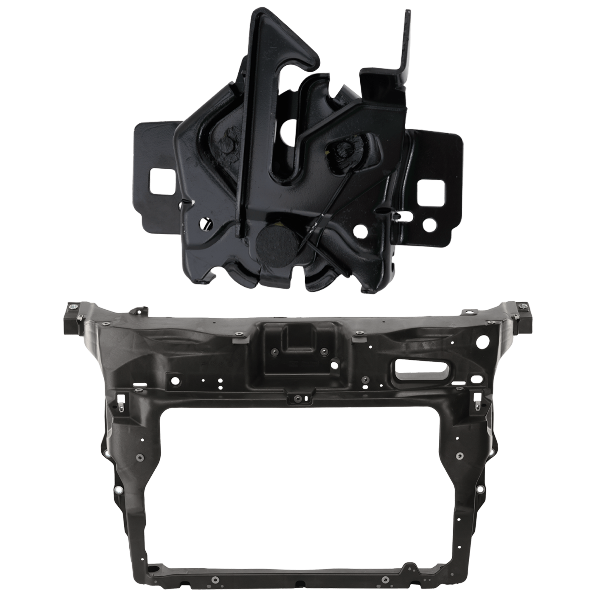 AM EXPLORER POLICE INTERCEPTOR UTILITY 16-19 RADIATOR SUPPORT 2 pc Kit Assembly Plastic includes Hood Latch SKU KIT 091825-80 Partslink FO1225235C FO1234128 OEM BB5Z16700A FB5Z16138A