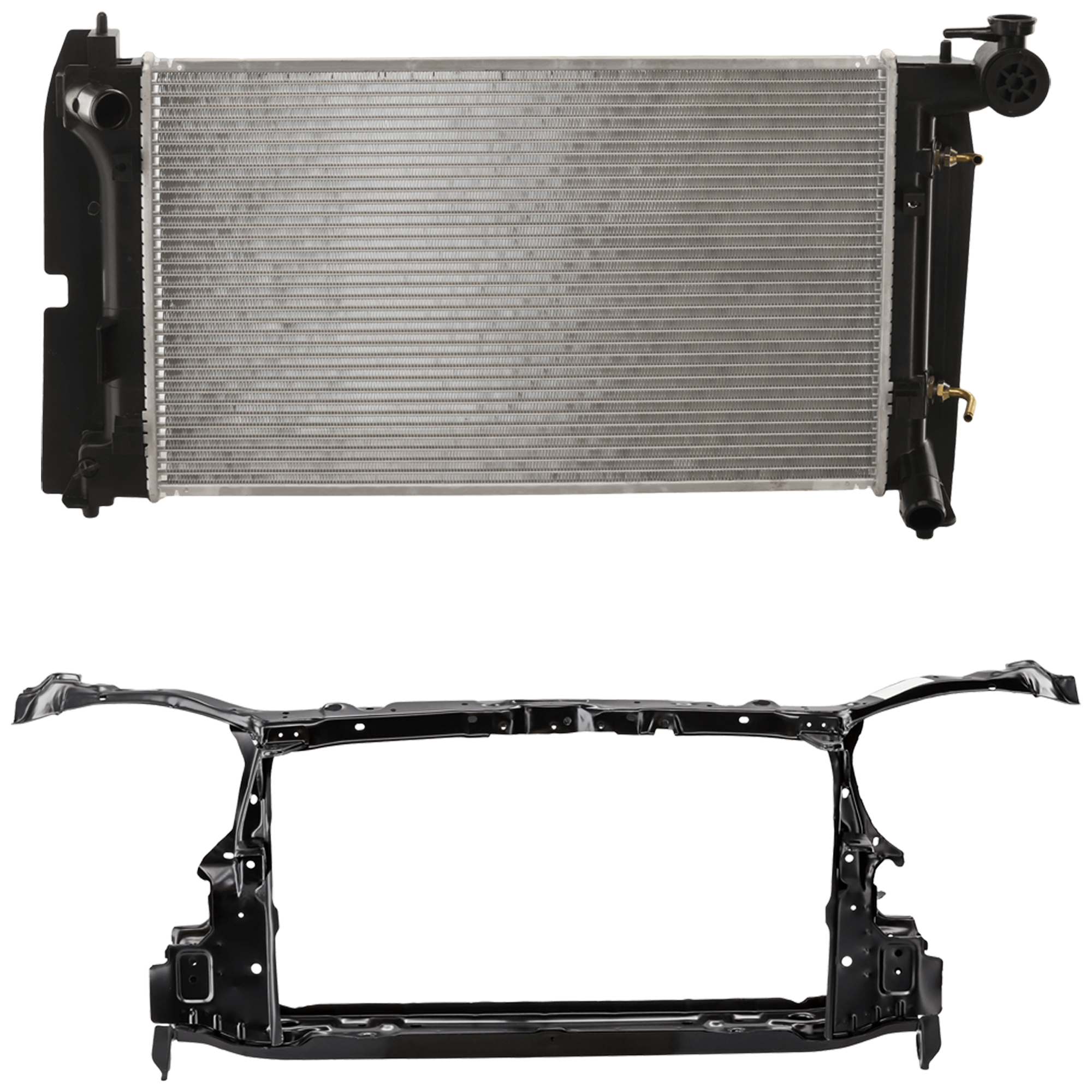 AM COROLLA 03-08 RADIATOR SUPPORT 2 pc Kit Assembly Steel Black includes Radiator SKU KIT 091825-81 Partslink TO1225233 TO3010271 OEM 5320102100-16410YZZAQ