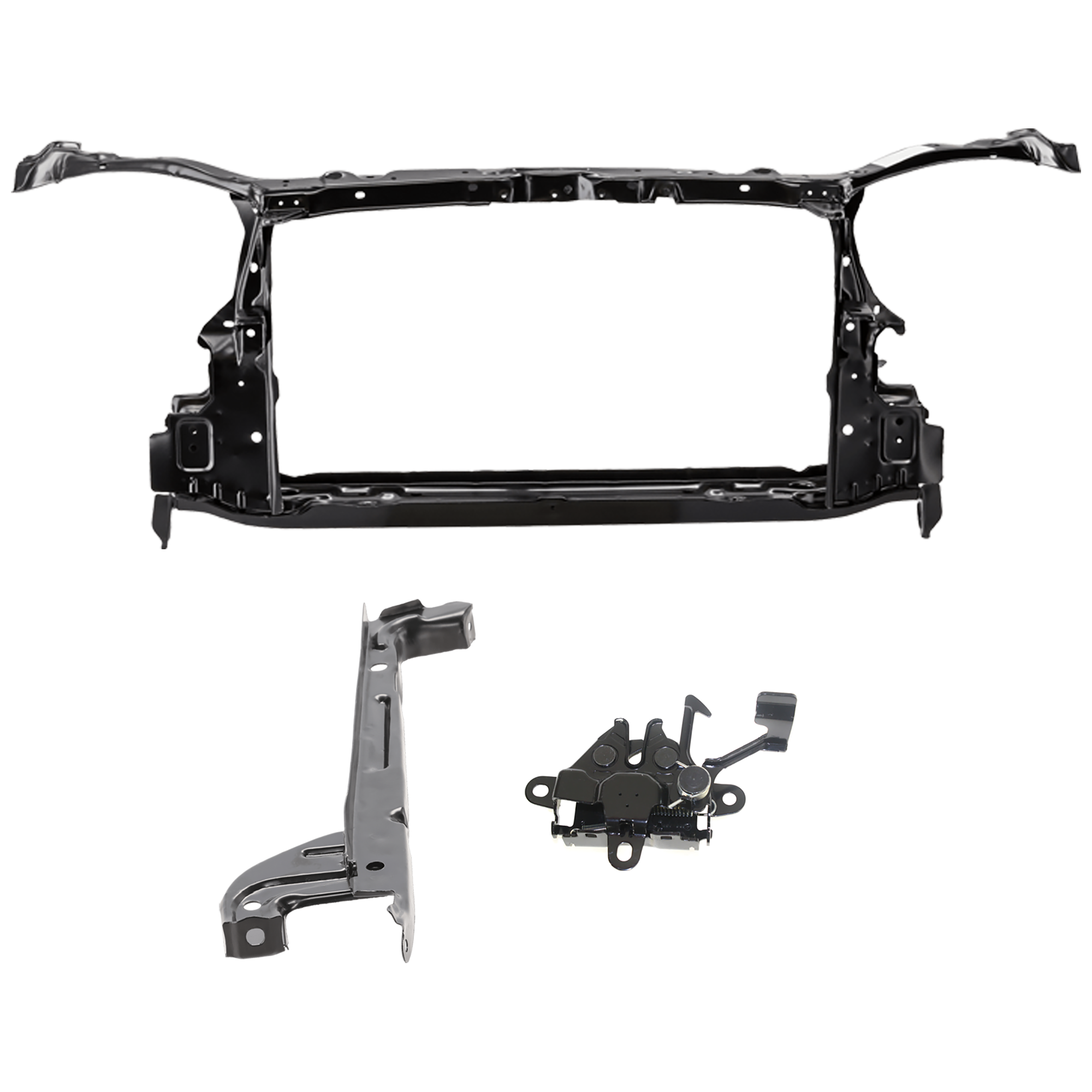 AM COROLLA 03-08 RADIATOR SUPPORT 3 pc Kit Assembly with Radiator Support Center Steel Black includes Hood Latch SKU KIT 091825-82 Partslink TO1225233 TO1233100 TO1234111 OEM 5320102100-5320802060-53510022