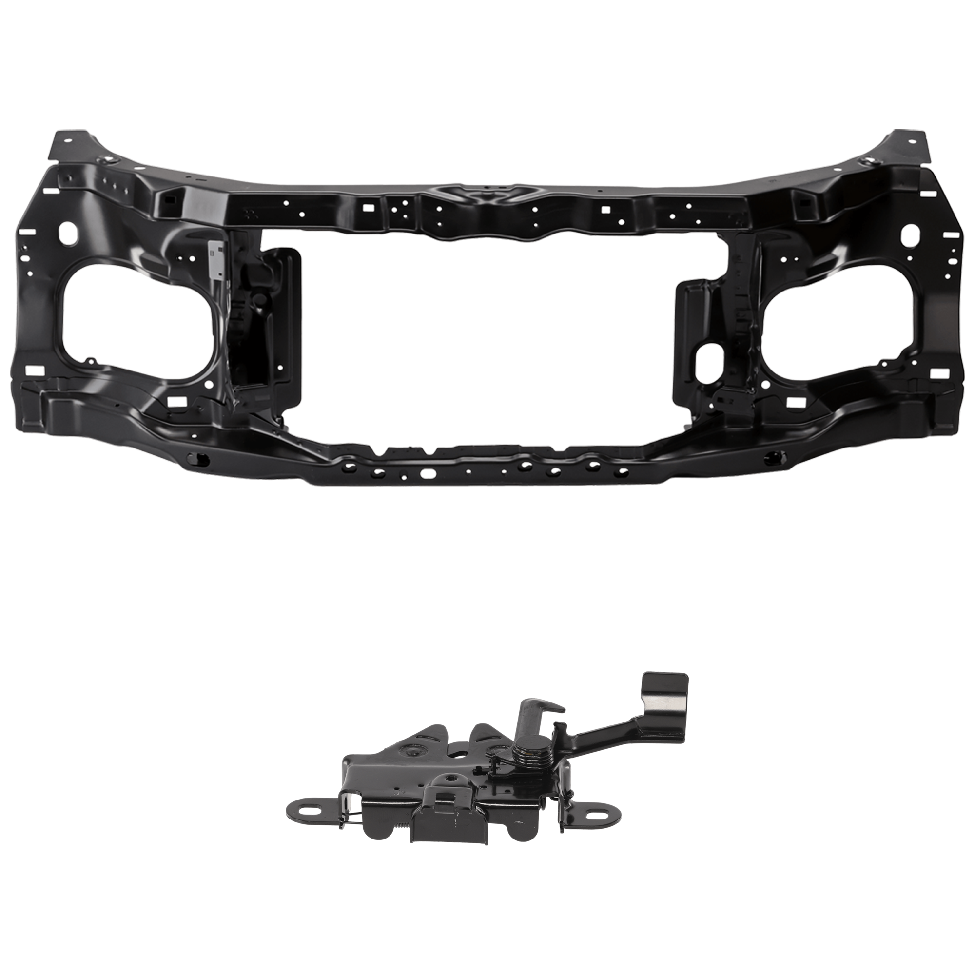 AM CANYON COLORADO 04-12 RADIATOR SUPPORT 2 pc Kit Assembly Black Steel includes Hood Latch SKU KIT 091825-86 Partslink GM1225212 GM1234109 OEM 19167125-15870145