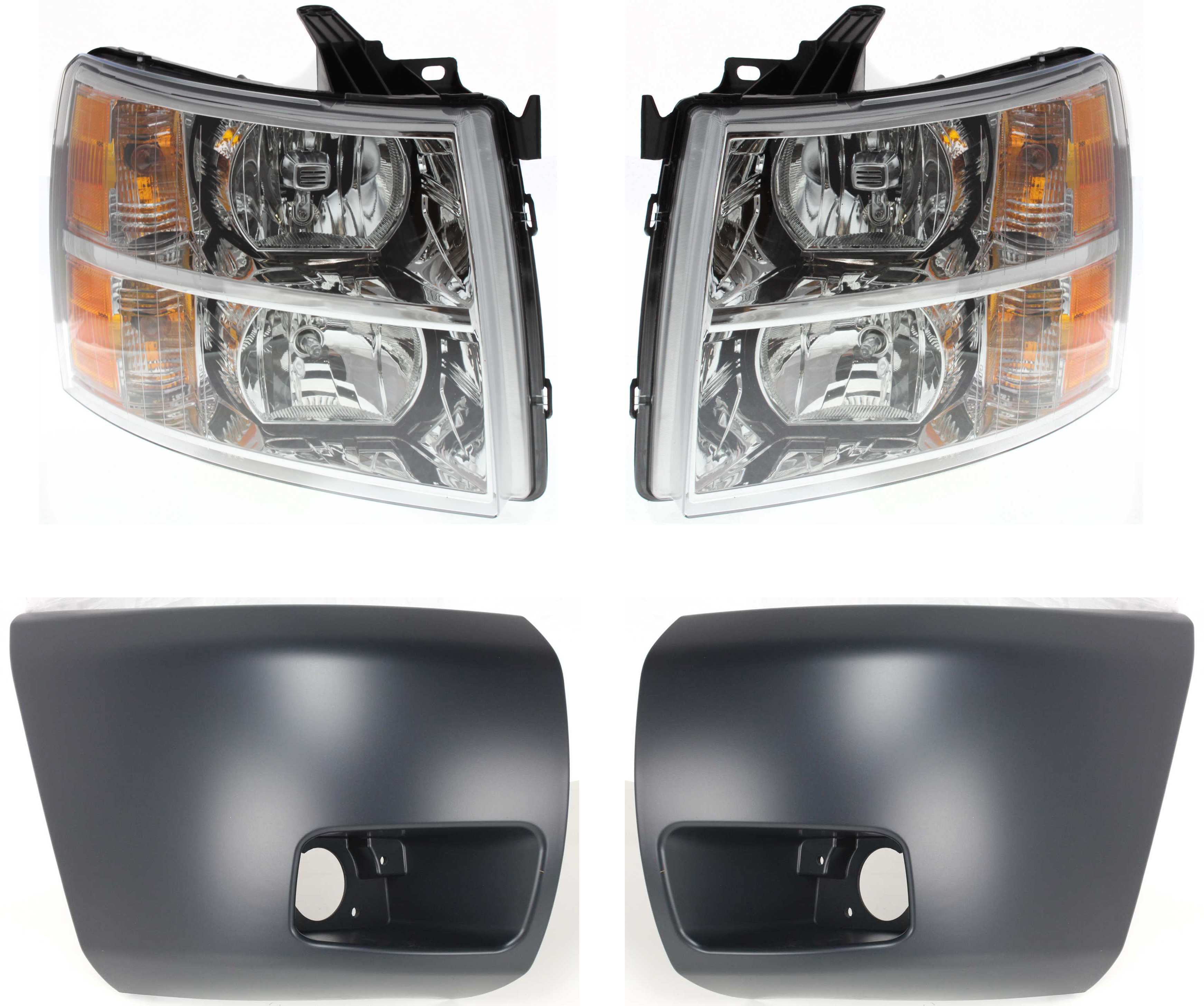 AM SILVERADO 1500-07-13 HEAD LAMP RH AND LH Assembly Halogen 4 pc Kit with Bumper Ends SKU KIT 092217-45 Partslink GM2503280 GM2502280 GM1004147 GM1005147 OEM 22853028-22853027-15891681-158