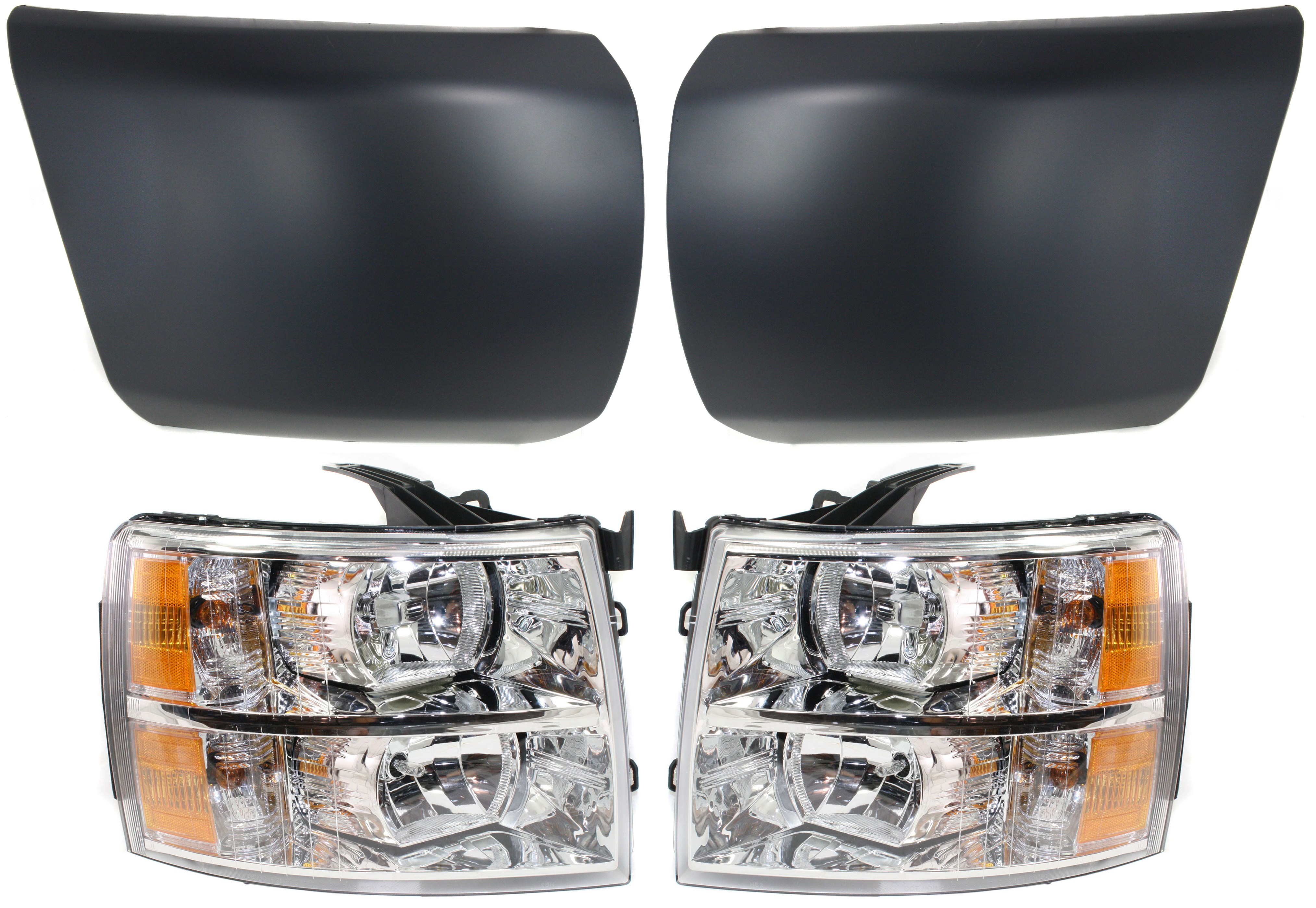 AM SILVERADO 1500-07-13 HEAD LAMP RH AND LH Assembly Halogen 4 pc Kit with Bumper Ends SKU KIT 092217-46 Partslink GM2503280 GM2502280 GM1016103 GM1017103 OEM 22853028-22853027-15891690-158