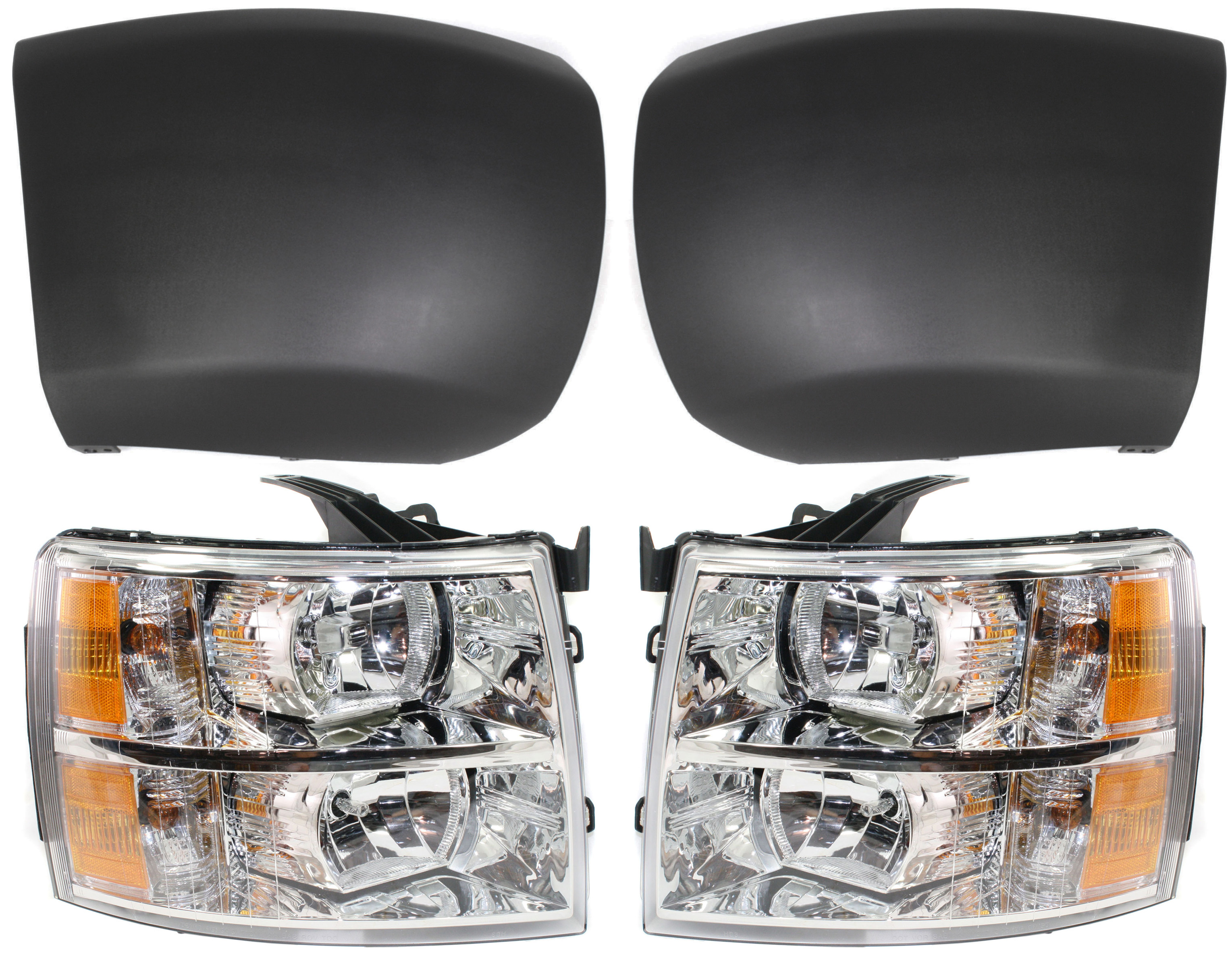 AM SILVERADO 1500-07-13 HEAD LAMP RH AND LH Assembly Halogen 4 pc Kit with Bumper Ends SKU KIT 092217-47 Partslink GM2503280 GM2502280 GM1004146 GM1005146 OEM 22853028-22853027-15838397-158