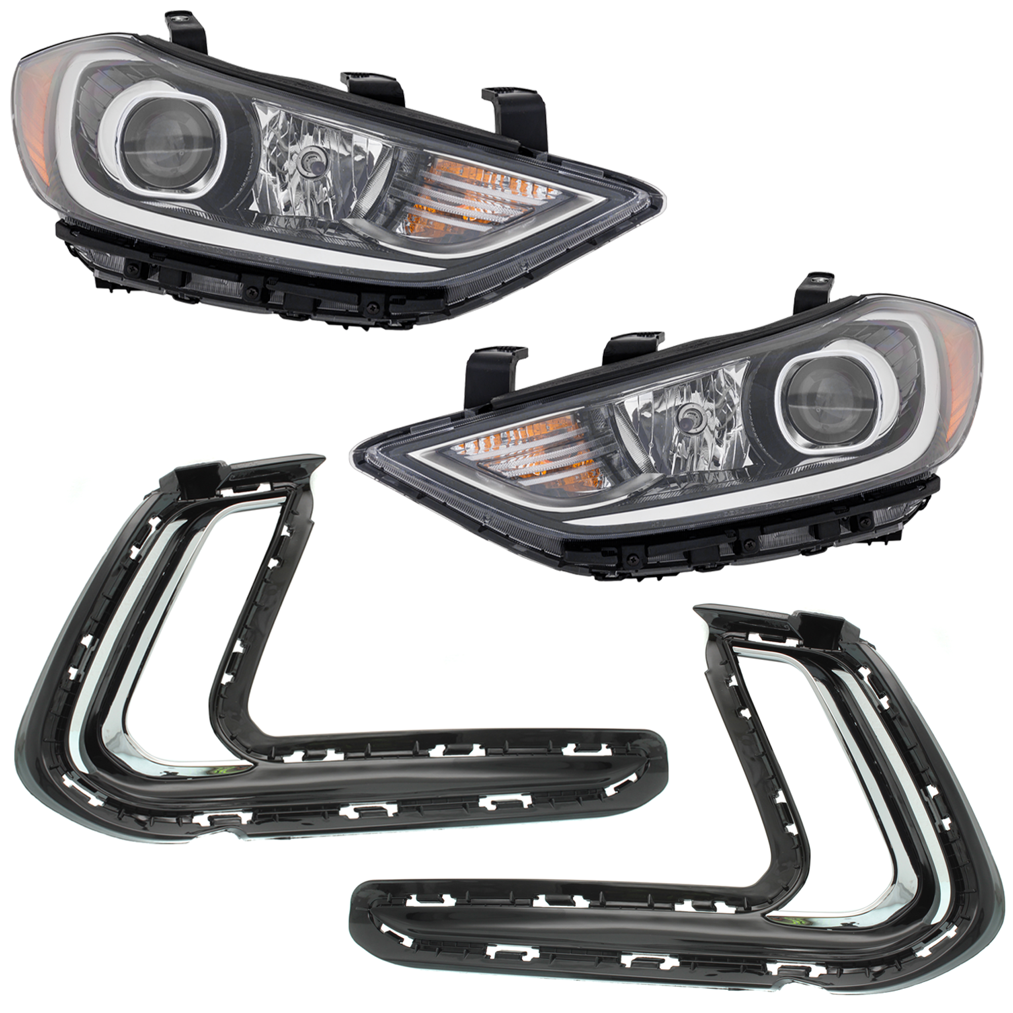 AM ELANTRA 17-18 HEAD LAMP RH AND LH 4 pc kit Assembly HID Xenon with Bumper Trim SKU KIT 092223-24 Partslink HY2502226 HY2503226 HY1039126 HY1038126 OEM 92101F3200-92102F3200-86564F34
