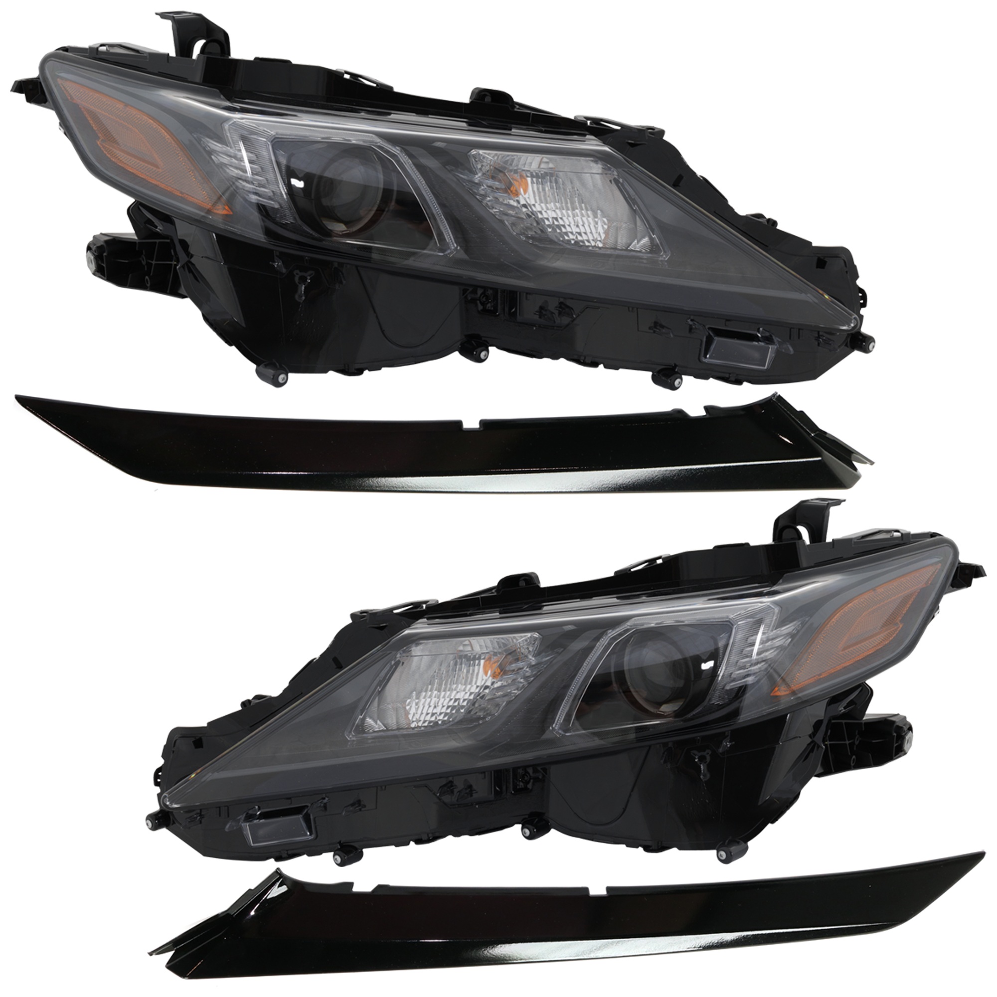 AM CAMRY 18-24 HEAD LAMP RH AND LH 4 pc kit Assembly Halogen with Bumper Trim SKU KIT 092223-29 Partslink TO2502299 TO2503299 TO1047106 TO1046106 OEM 8111006F60-8115006C20-52712061