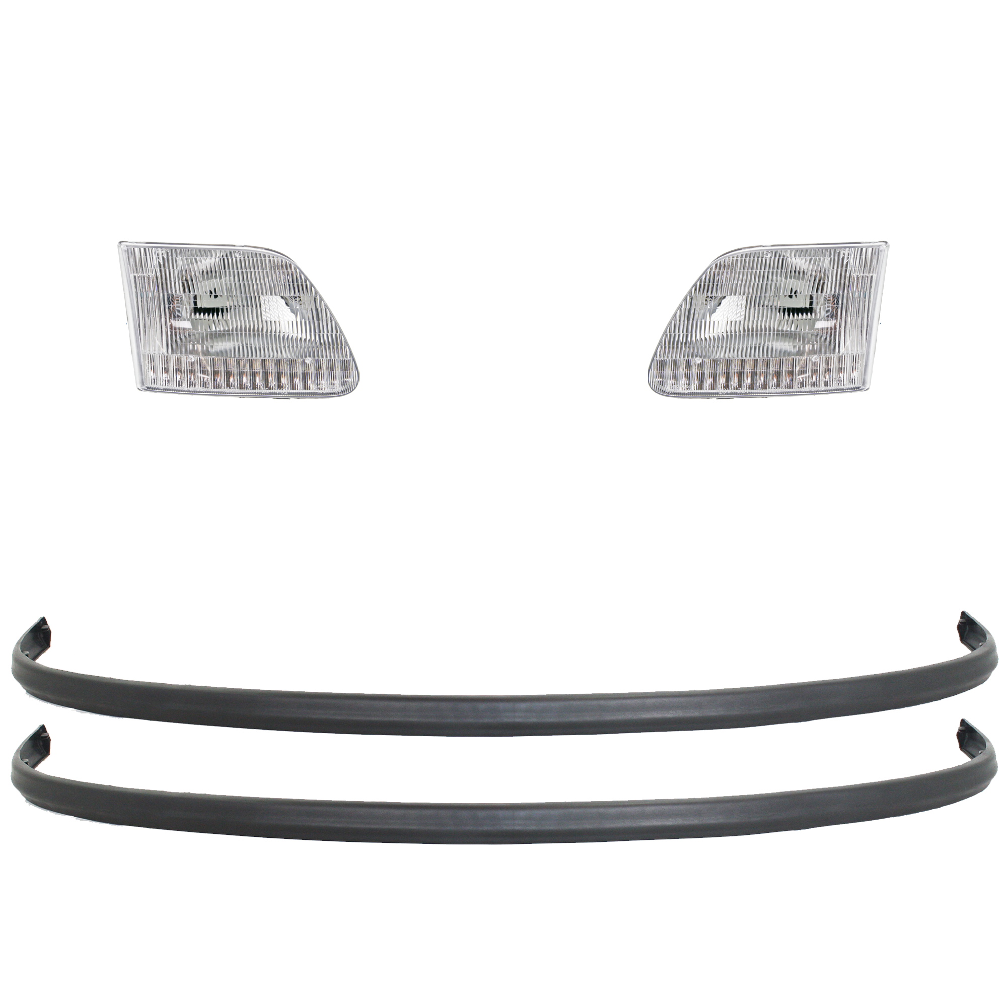 AM F SERIES 97-98 HEAD LAMP RH AND LH 4 pc kit Assembly Halogen with Bumper Trim SKU KIT 092223-43 Partslink FO2502139 FO2503139 FO1057284 OEM 3L3Z13008CA 3L3Z13008DA F75Z17