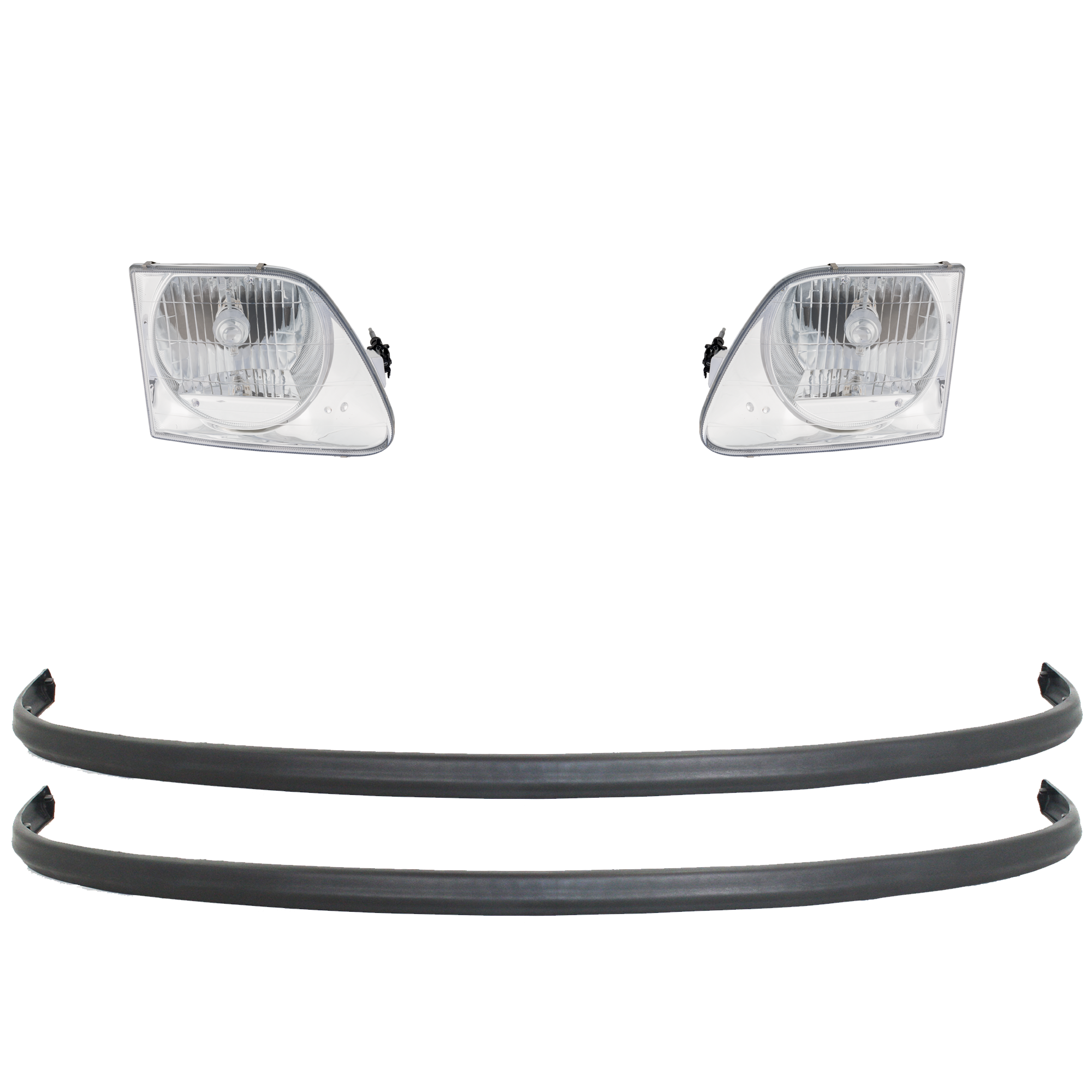 AM F SERIES 98-98 HEAD LAMP RH AND LH 4 pc kit Assembly Halogen Crystal Clear Lens with Bumper Trim SKU KIT 092223-44 Partslink FO2502182 FO2503182 FO1057284 OEM 3L3Z13008EA 3L3Z13008FA F75Z17