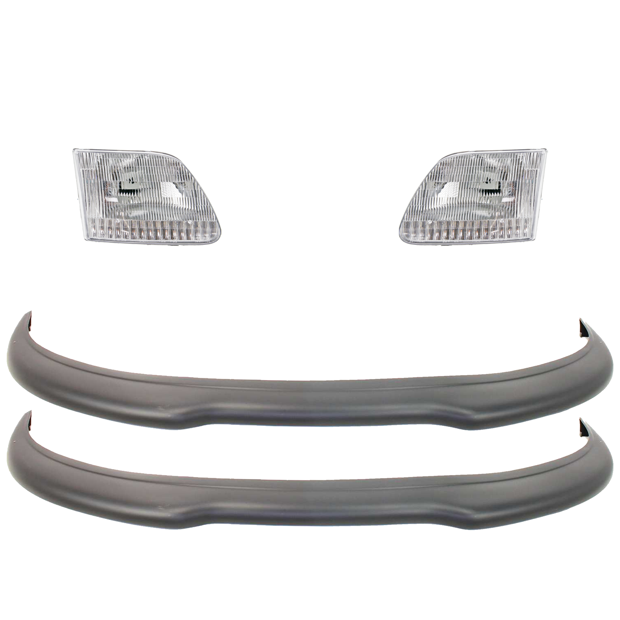 AM F SERIES 97-98 FRONT BUMPER MOLDING RH AND LH 4 pc kit Primed with Headlight SKU KIT 092223-45 Partslink FO1057279 FO2503139 FO2502139 OEM 1L3Z17K833AAA 3L3Z13008CA 3L3Z