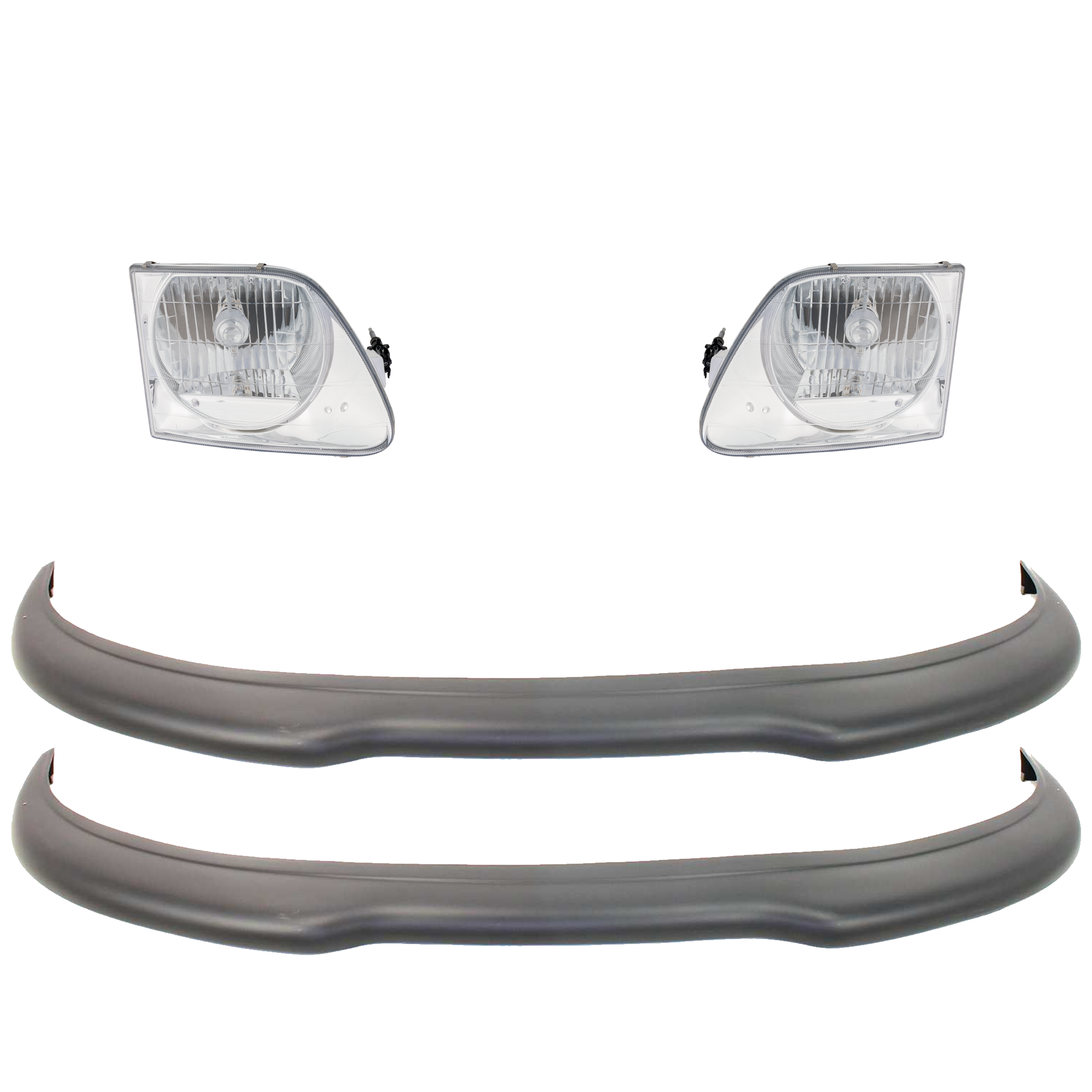 AM F SERIES 97-98 FRONT BUMPER MOLDING RH AND LH 4 pc kit Primed with Headlight SKU KIT 092223-46 Partslink FO1057279 FO2503182 FO2502182 OEM 1L3Z17K833AAA 3L3Z13008EA 3L3Z