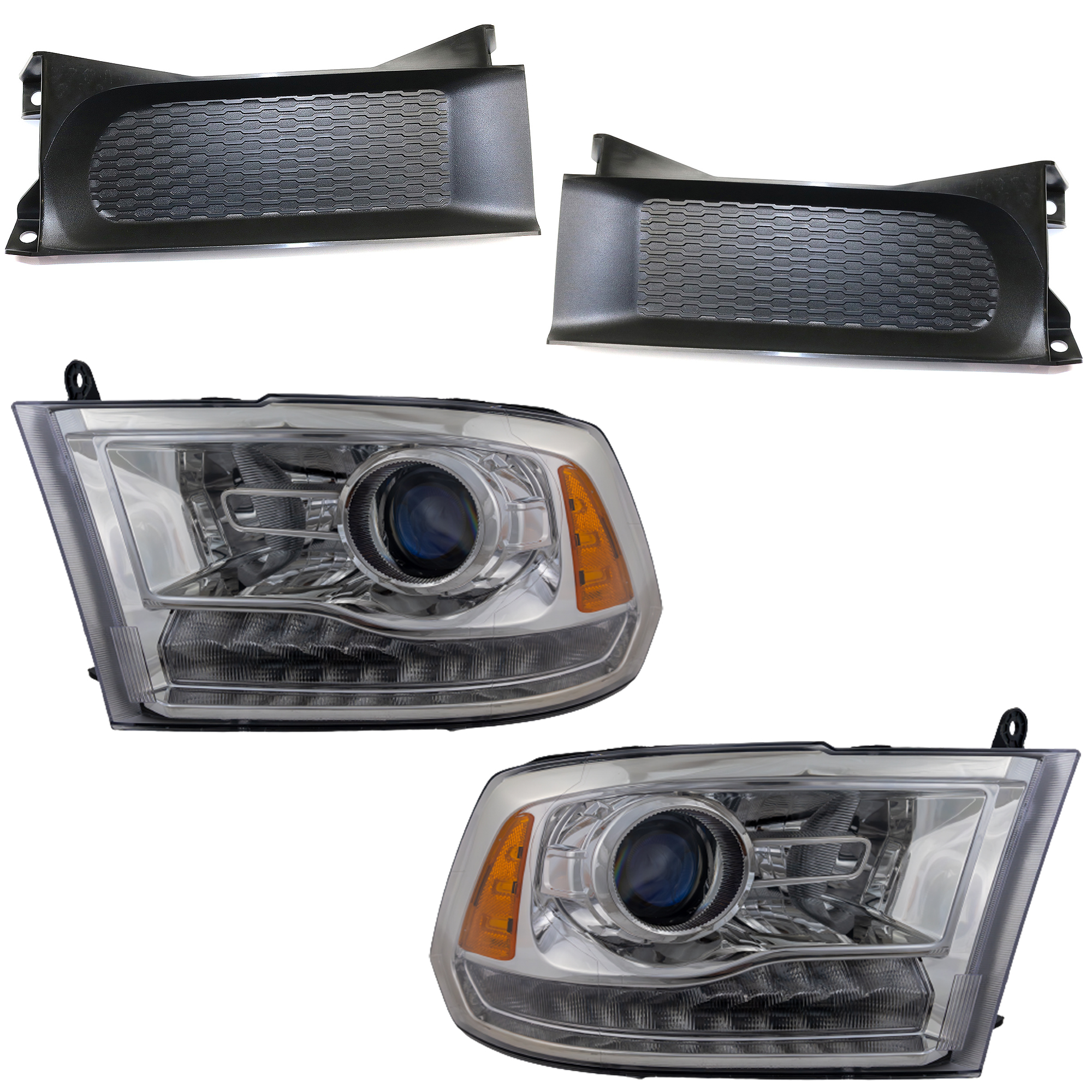 AM RAM 1500-16-18 HEAD LAMP RH AND LH 4 pc kit Assembly HID Xenon Projector Type Chrome Interior Includes 19-22-1500 Classic with Bumper Trim SKU KIT 092223-55 Partslink CH2502290 CH2503290 CH1037112 OEM 68324940AD 68324941AD 68196984