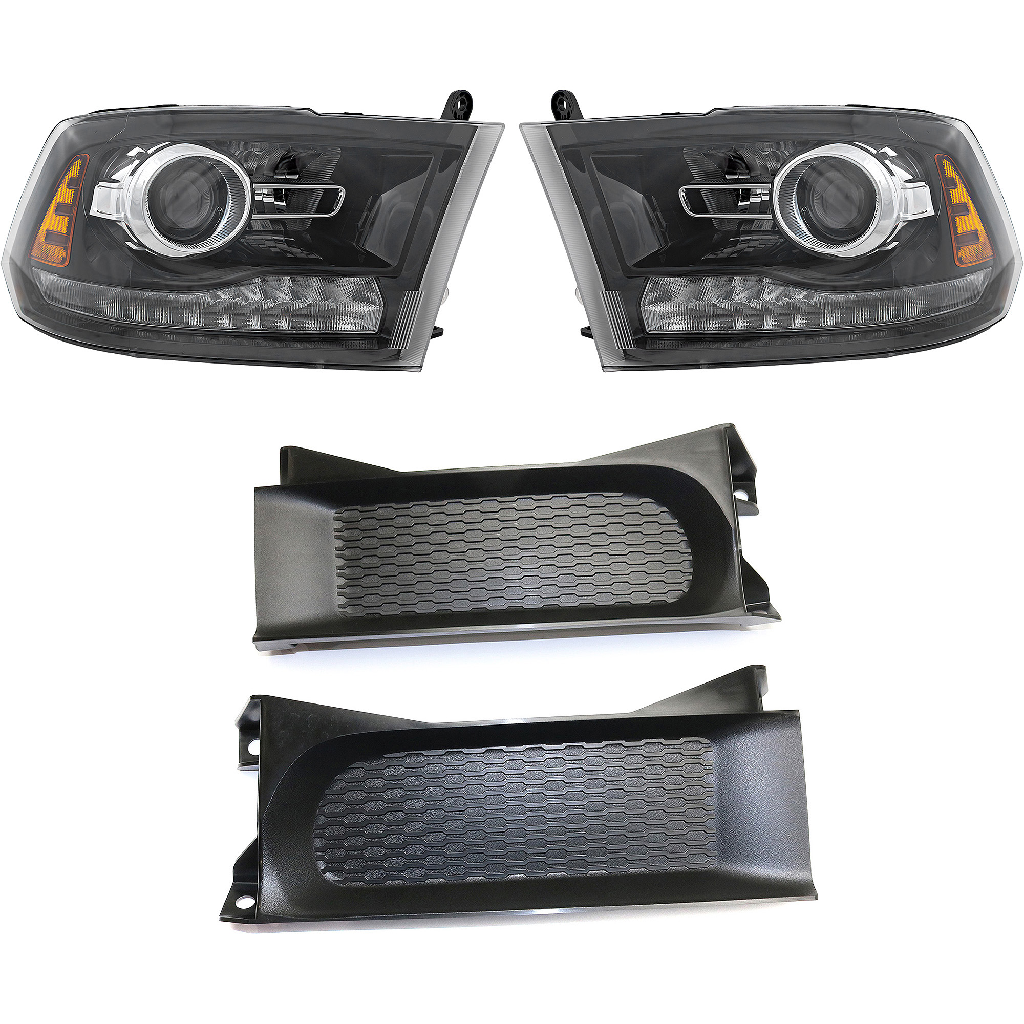 AM RAM 1500-16-18 HEAD LAMP RH AND LH 4 pc kit Assembly HID Xenon Projector Type Black Interior Interior Includes 19-22-1500 Classic with Bumper Trim SKU KIT 092223-56 Partslink CH2502289 CH2503289 CH1037112 OEM 68324932AD 68324933AD 68196984