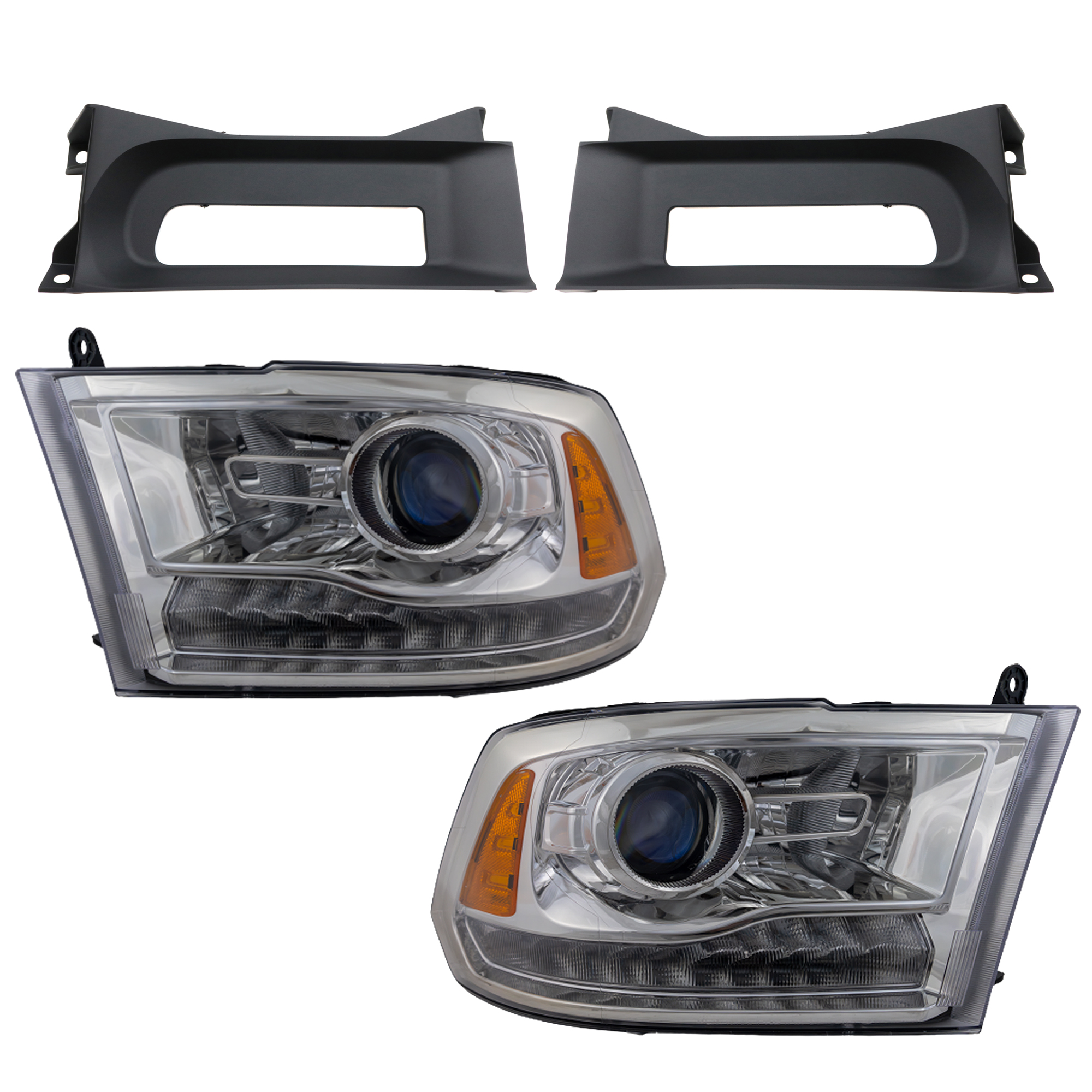 AM RAM 1500-16-18 HEAD LAMP RH AND LH 4 pc kit Assembly HID Xenon Projector Type Chrome Interior Interior Includes 19-22-1500 Classic with Bumper Trim SKU KIT 092223-57 Partslink CH2502290 CH2503290 CH1037113 OEM 68324940AD 68324941AD 68196982