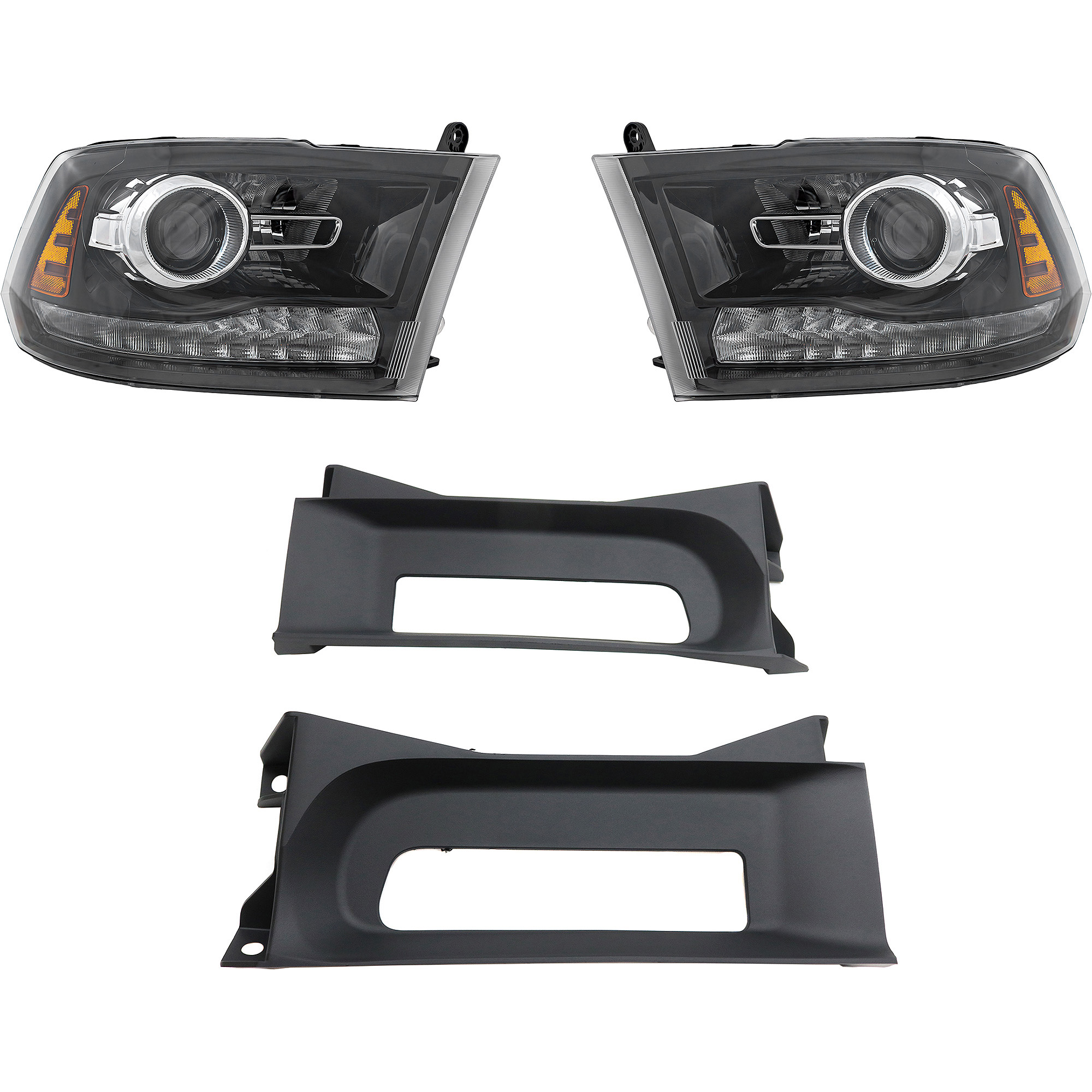 AM RAM 1500-16-18 HEAD LAMP RH AND LH 4 pc kit Assembly HID Xenon Projector Type Black Interior Interior Includes 19-22-1500 Classic with Bumper Trim SKU KIT 092223-58 Partslink CH2502289 CH2503289 CH1037113 OEM 68324932AD 68324933AD 68196982