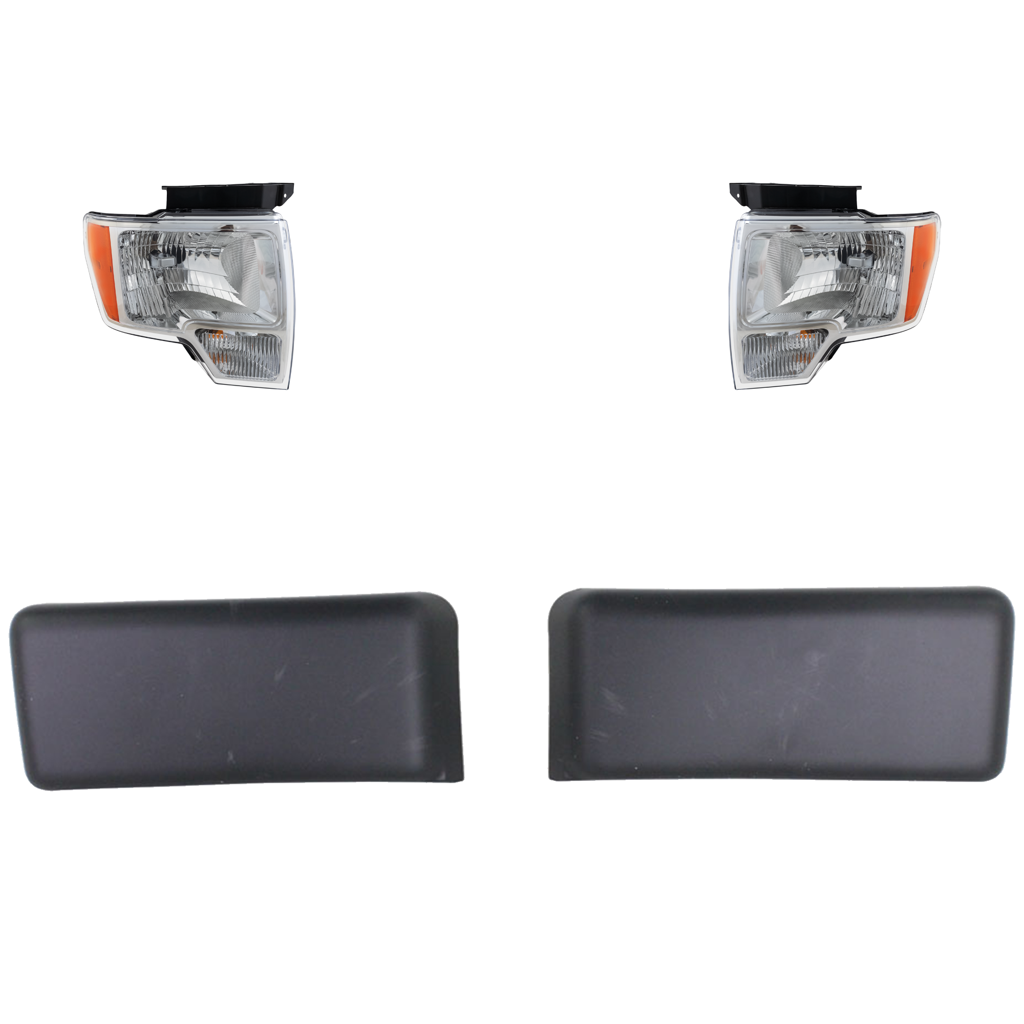 AM F 150-09-14 HEAD LAMP RH AND LH 4 pc kit Assembly Halogen With Chrome Trim with Bumper Trim SKU KIT 092223-63 Partslink FO2502287 FO2502289 FO2503287 FO2503289 FO1053100 OEM DL3Z13008A DL3Z13008EB DL3Z130