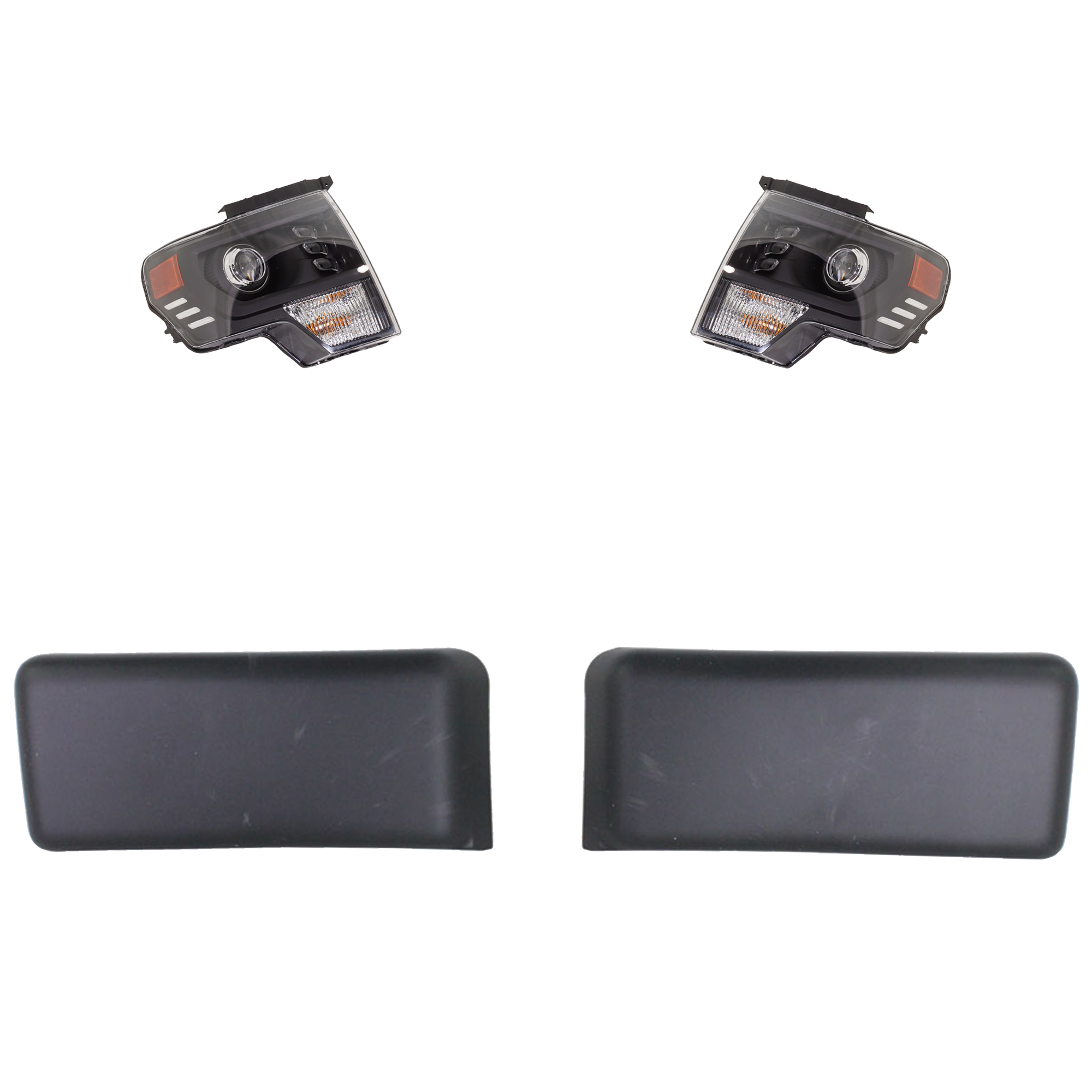 AM F 150-09-14 HEAD LAMP RH AND LH 4 pc kit Assembly LED with Bumper Trim SKU KIT 092223-65 Partslink FO2502403 FO2503403 FO1053100 OEM DL3Z13008DB PFM DL3Z13008FB PF