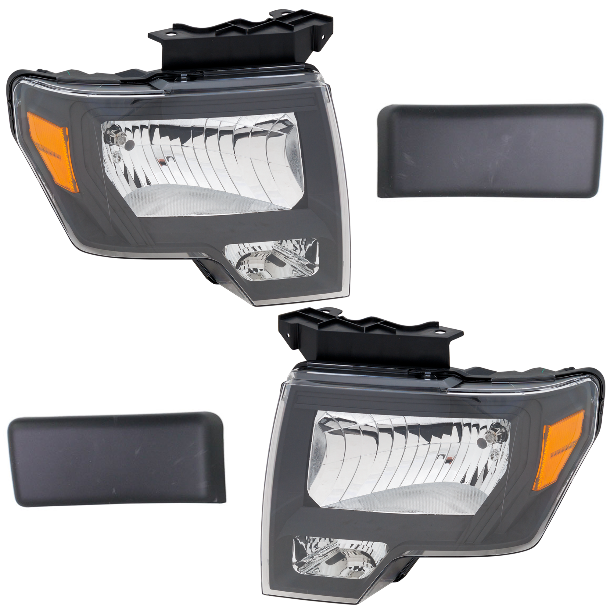 AM F 150-09-14 HEAD LAMP RH AND LH 4 pc kit Lens and Housing Halogen w Day Time Running Light Black Bezel with Bumper Trim SKU KIT 092223-89 Partslink FO1053100 OEM DL3Z13008EB PFM DL3Z13008EC PF