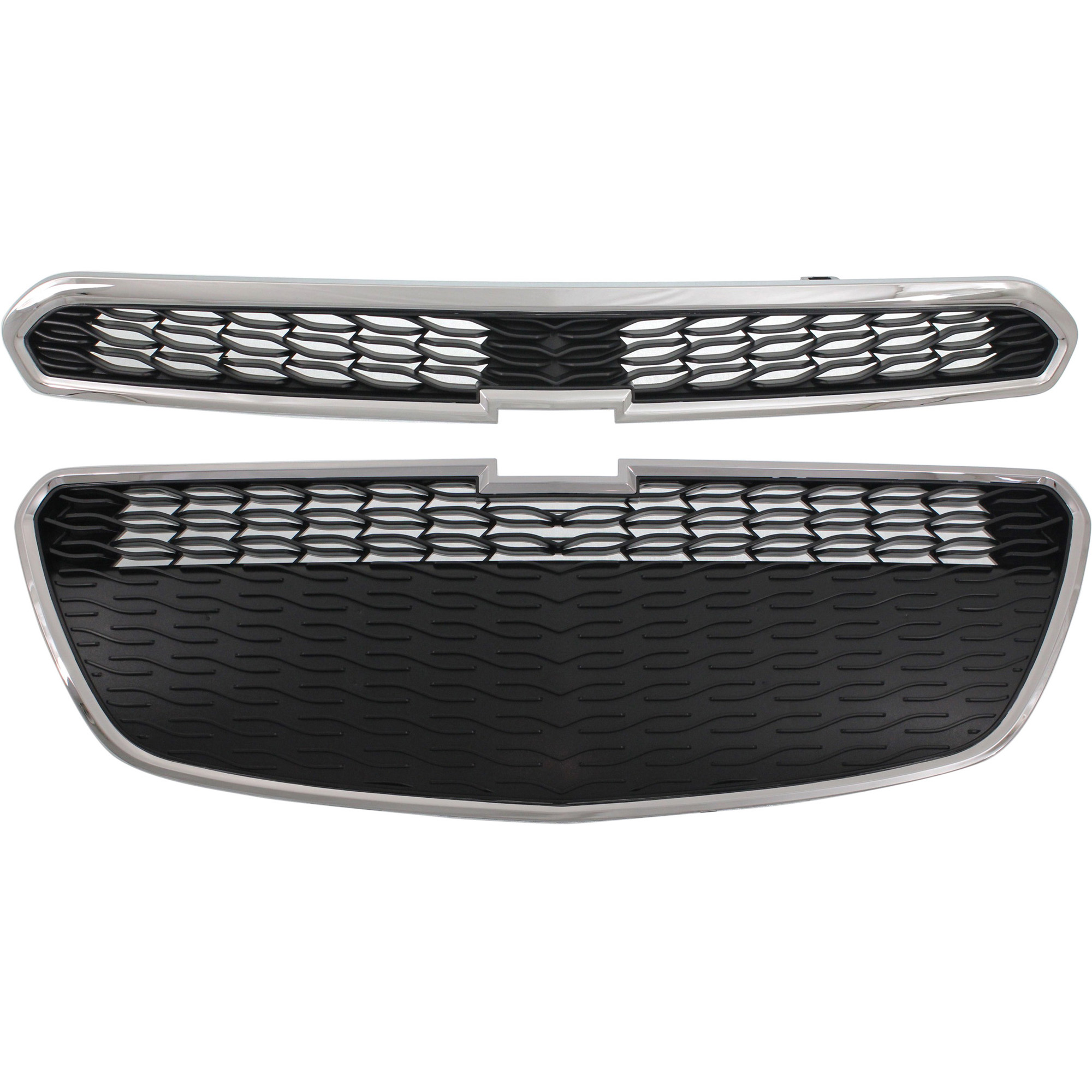 AM SPARK 13-15 FRONT BUMPER GRILLE 2 pc Kit Chrome Shell w Black Insert Plastic LS LT Models with Grille SKU KIT 092322-13 Partslink GM1200656 GM1200657 OEM 95078756-95078754
