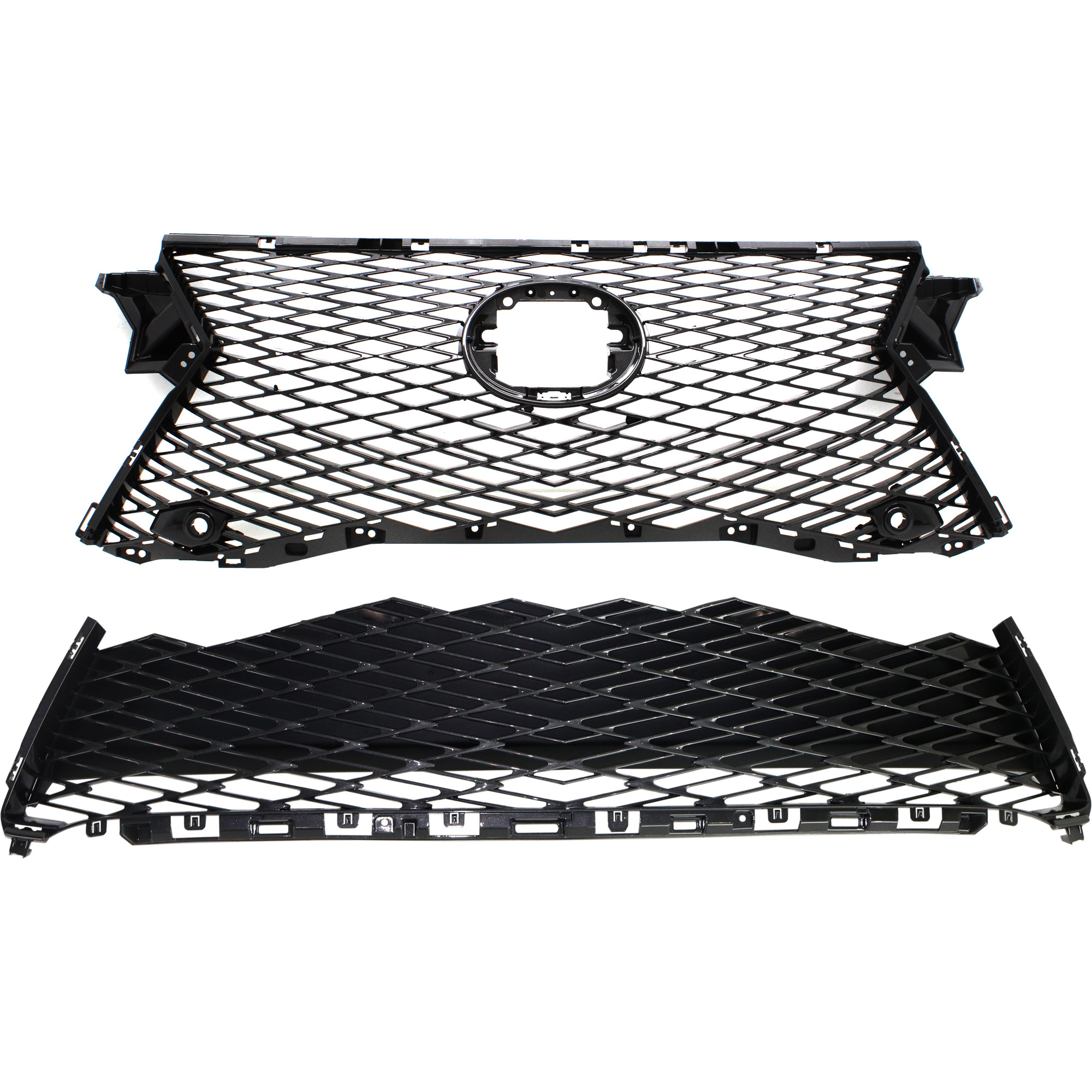 AM RX350-16-19 GRILLE ASSEMBLY 2 pc Kit Upper and Lower w o Camera Hole w F Sport Pkg with Bumper Grille SKU KIT 092322-17 Partslink LX1200183 LX1200185 OEM 531110E210-531120E160