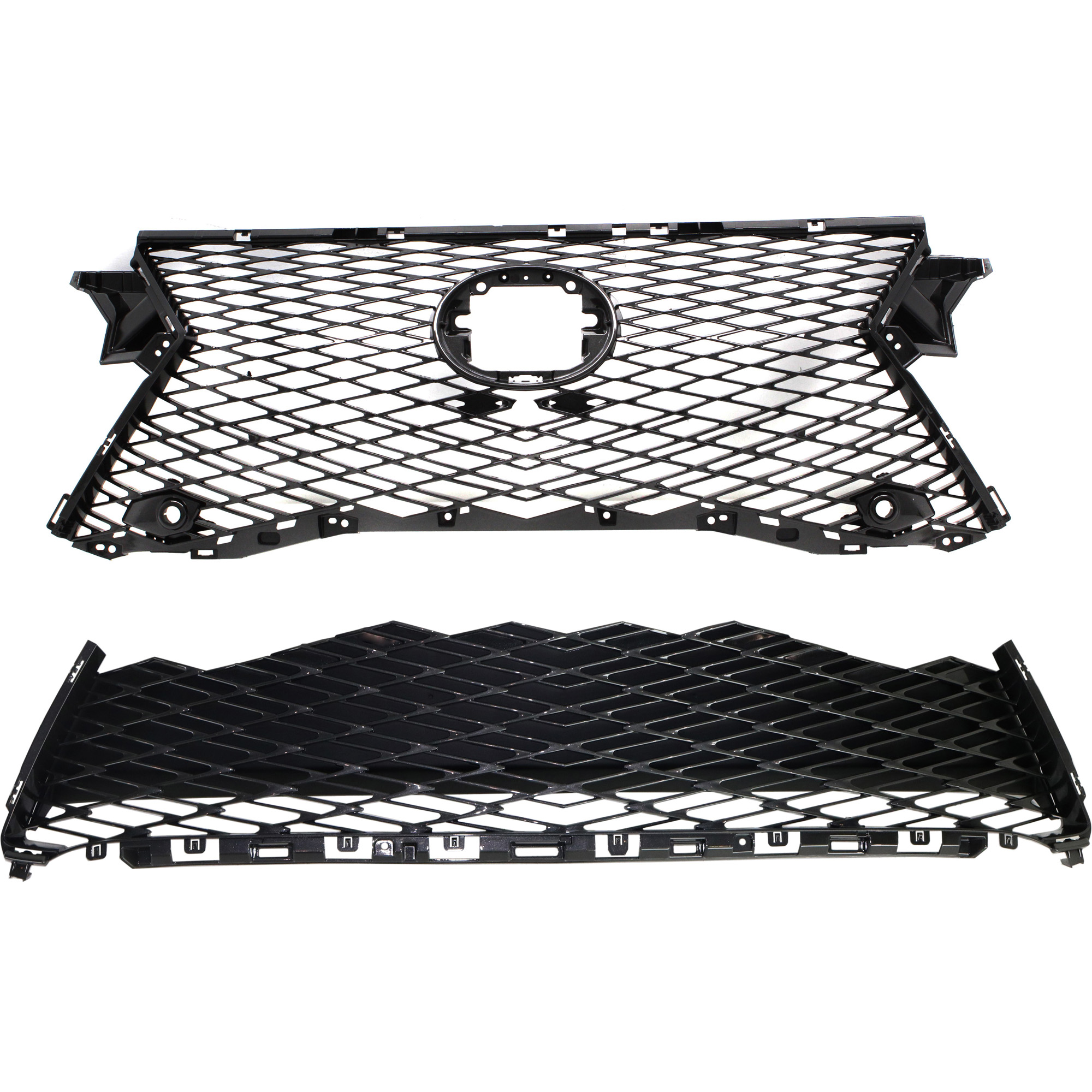 AM RX350-16-19 GRILLE ASSEMBLY 2 pc Kit Upper and Lower w Camera Hole w F Sport Pkg with Bumper Grille SKU KIT 092322-18 Partslink LX1200184 LX1200185 OEM 531110E200-531120E160