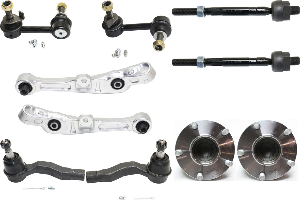 AM 350Z G35-03-04 FRONT CONTROL ARM KIT RH AND LH Lower Frontward 10 pc kit with Sway Bar Links Tie Rod Ends and Wheel Hubs SKU KIT 092617-80 OEM 54501AM601-54500AM601-1015920