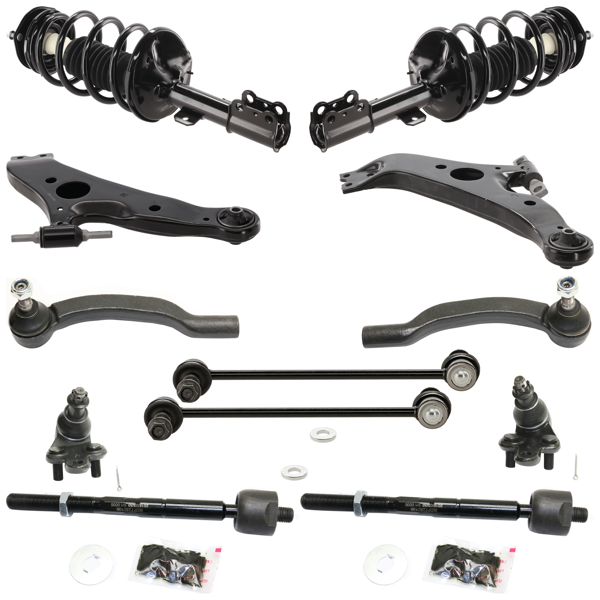 AM SIENNA 04-06 FRONT CONTROL ARM KIT RH AND LH Lower 12 pc kit with Ball Joints Shock Absorber and Strut Assembly Sway Bar Links and Tie Rod Ends SKU KIT 092717-25 Partslink TO4522102 OEM 104-307-101-488-326-000-000-000-000