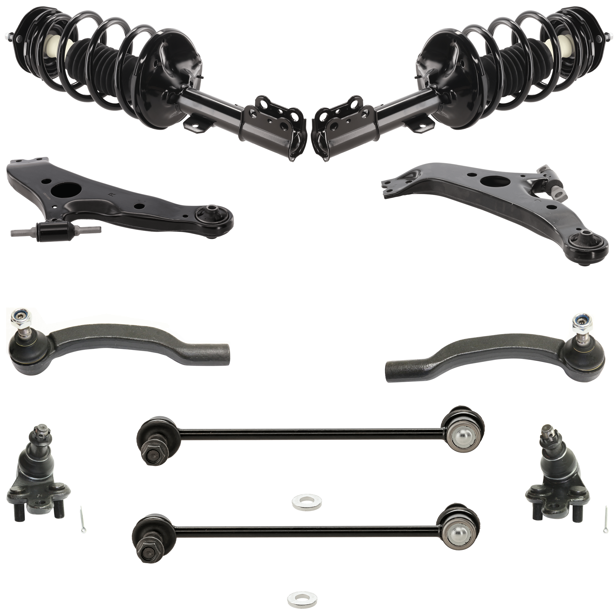 AM SIENNA 04-06 FRONT CONTROL ARM KIT RH AND LH Lower 10 pc kit with Ball Joints Shock Absorber and Strut Assembly Sway Bar Links and Tie Rod Ends SKU KIT 092717-88 OEM 104307-1014883-2601570-5051302
