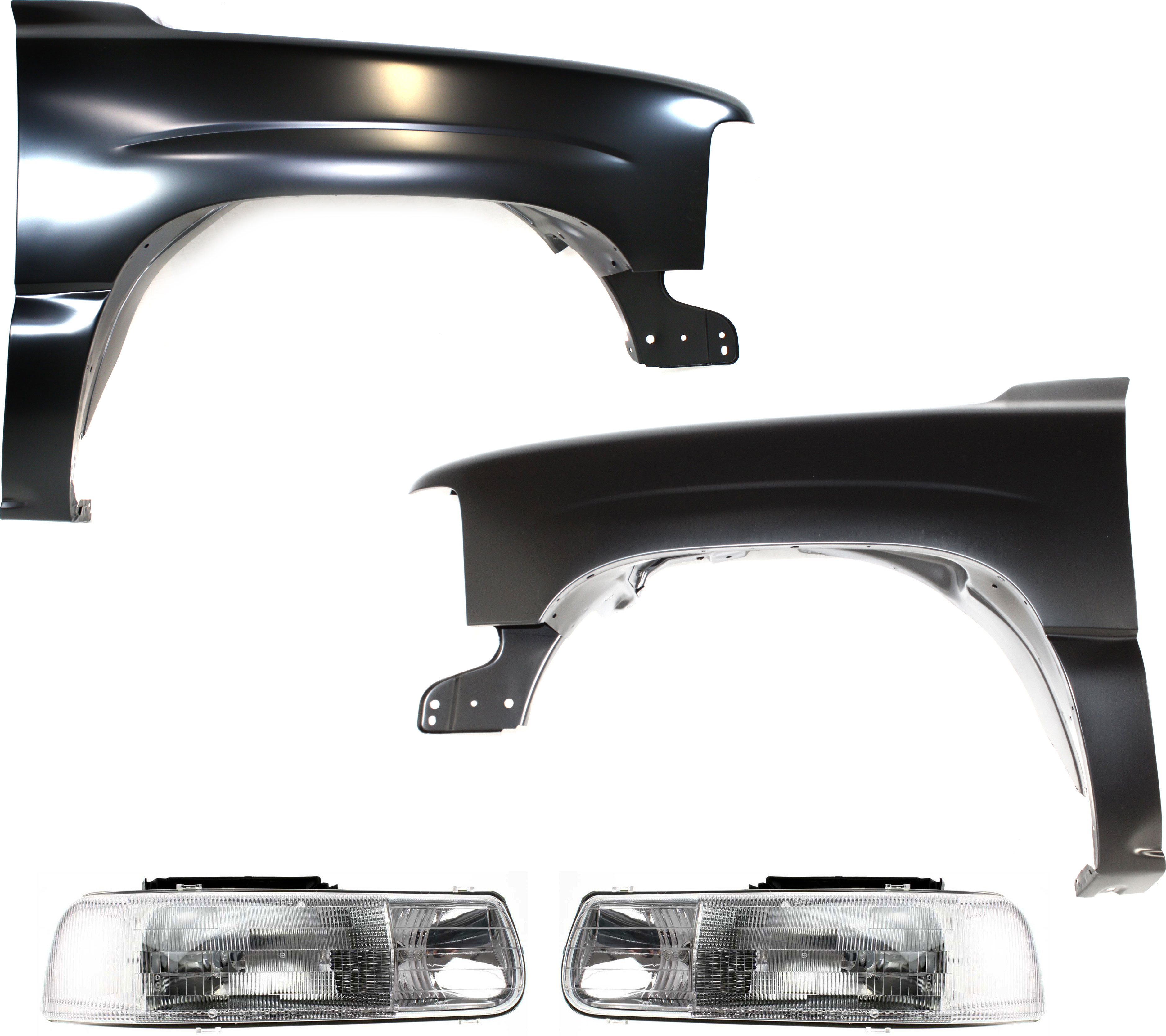 AM SILVERADO 99-02 TAHOE 00-06 FRONT FENDER RH AND LH 4 pc kit with Headlights SKU KIT 092718-02 Partslink GM1240267 GM1241267 GM2502187 GM2503187 OEM 12476220-19168844-16526133-165
