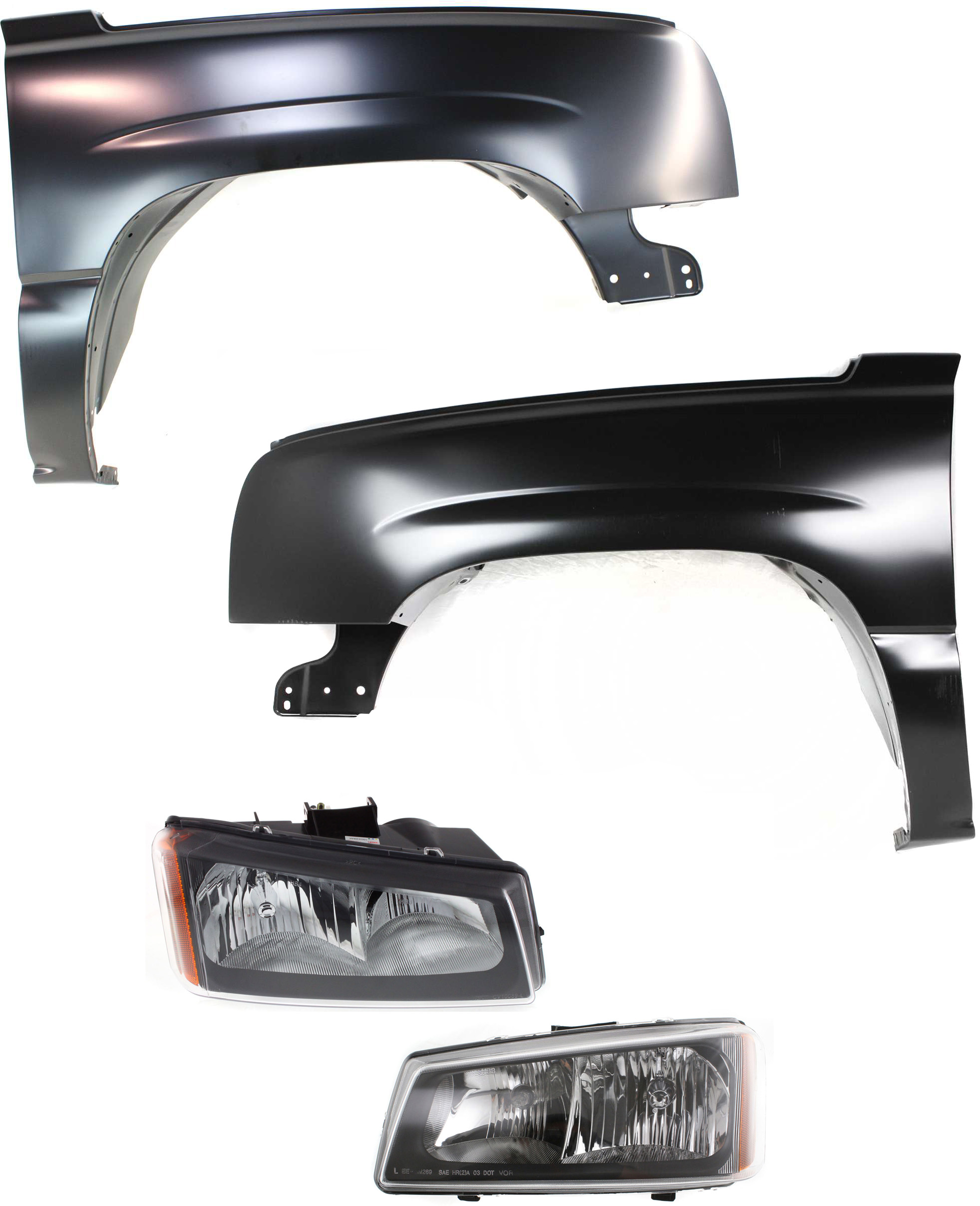 AM SILVERADO 03-07 FRONT FENDER RH AND LH 4 pc Kit Includes Headlight SKU KIT 092718-04 Partslink GM1241305 GM1240305 GM2502257 GM2503257 OEM 88944419-88944420-10396913-103