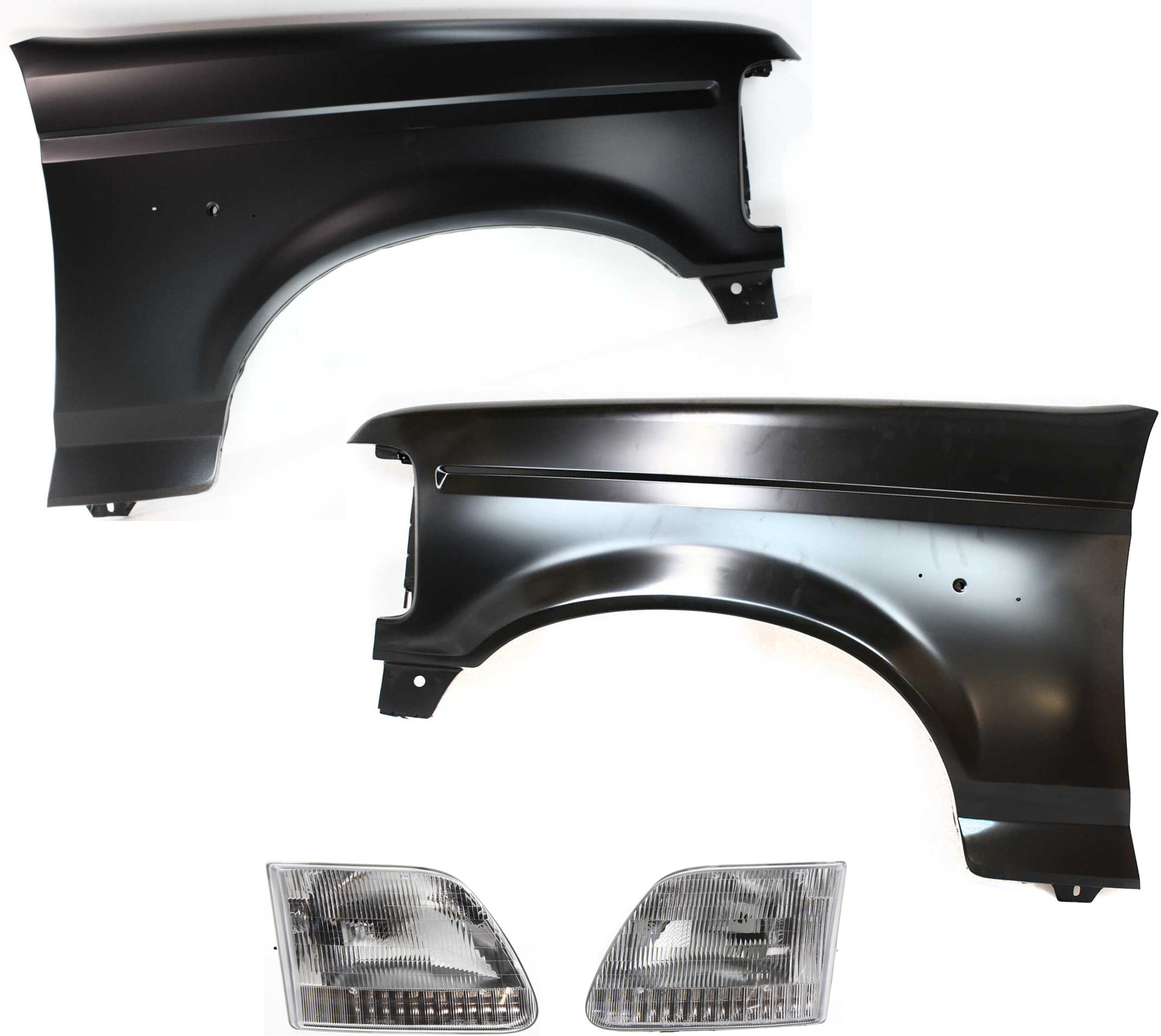 AM F 150 F 250-97-97 FRONT FENDER RH AND LH 4 pc Kit with Headlights SKU KIT 092718-12 Partslink FO1240138 FO1241136 FO2502139 FO2503139 OEM F2TZ16005A F4TZ16006A 3L3Z1300