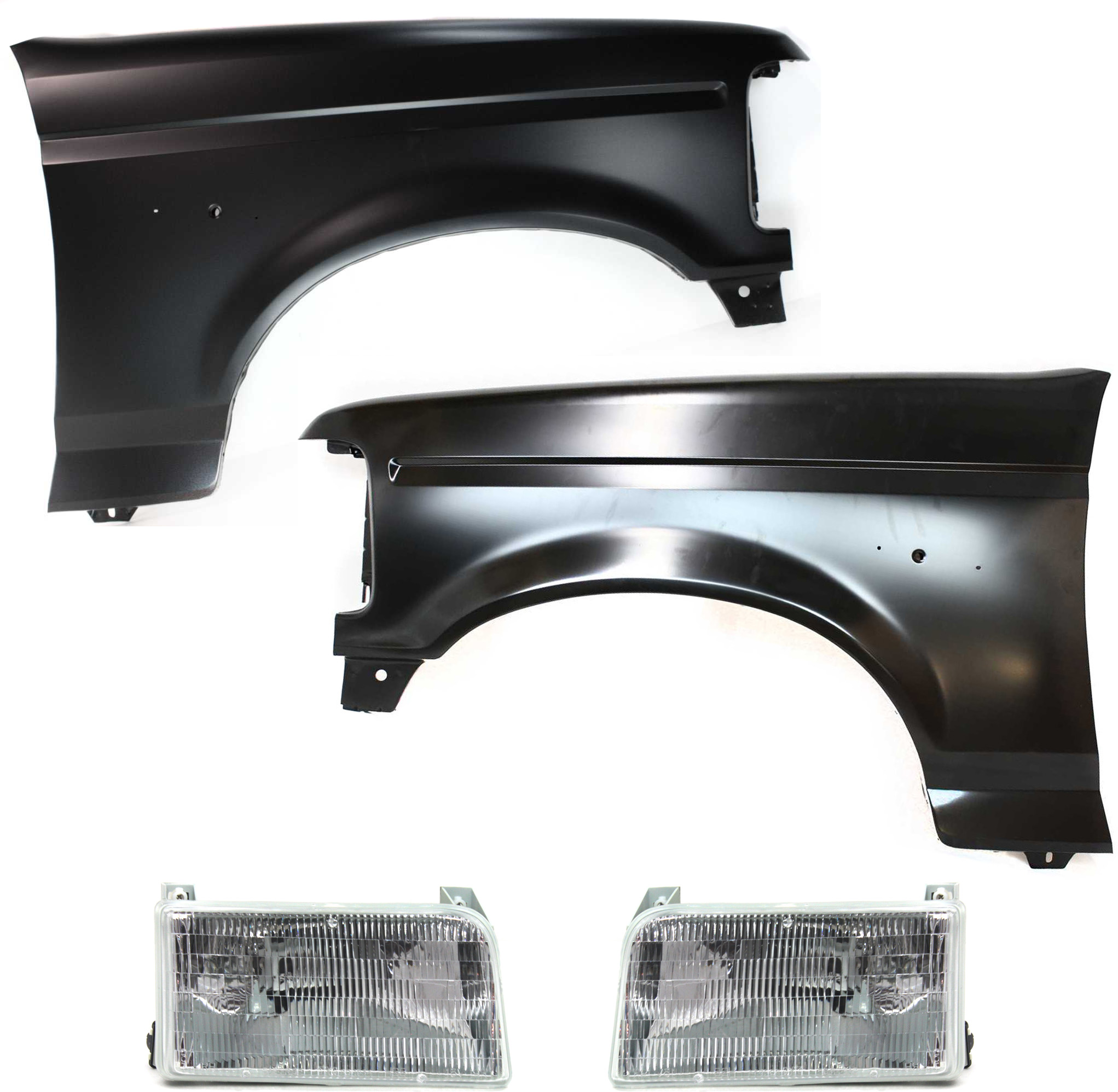 AM F SERIES F SUPER DUTY 92-97 FRONT FENDER RH AND LH Primed 4 pc Kit with Headlights SKU KIT 092718-14 Partslink FO1240138 FO1241136 FO2502118 FO2503114 OEM F2TZ16005A F4TZ16006A F2TZ1300