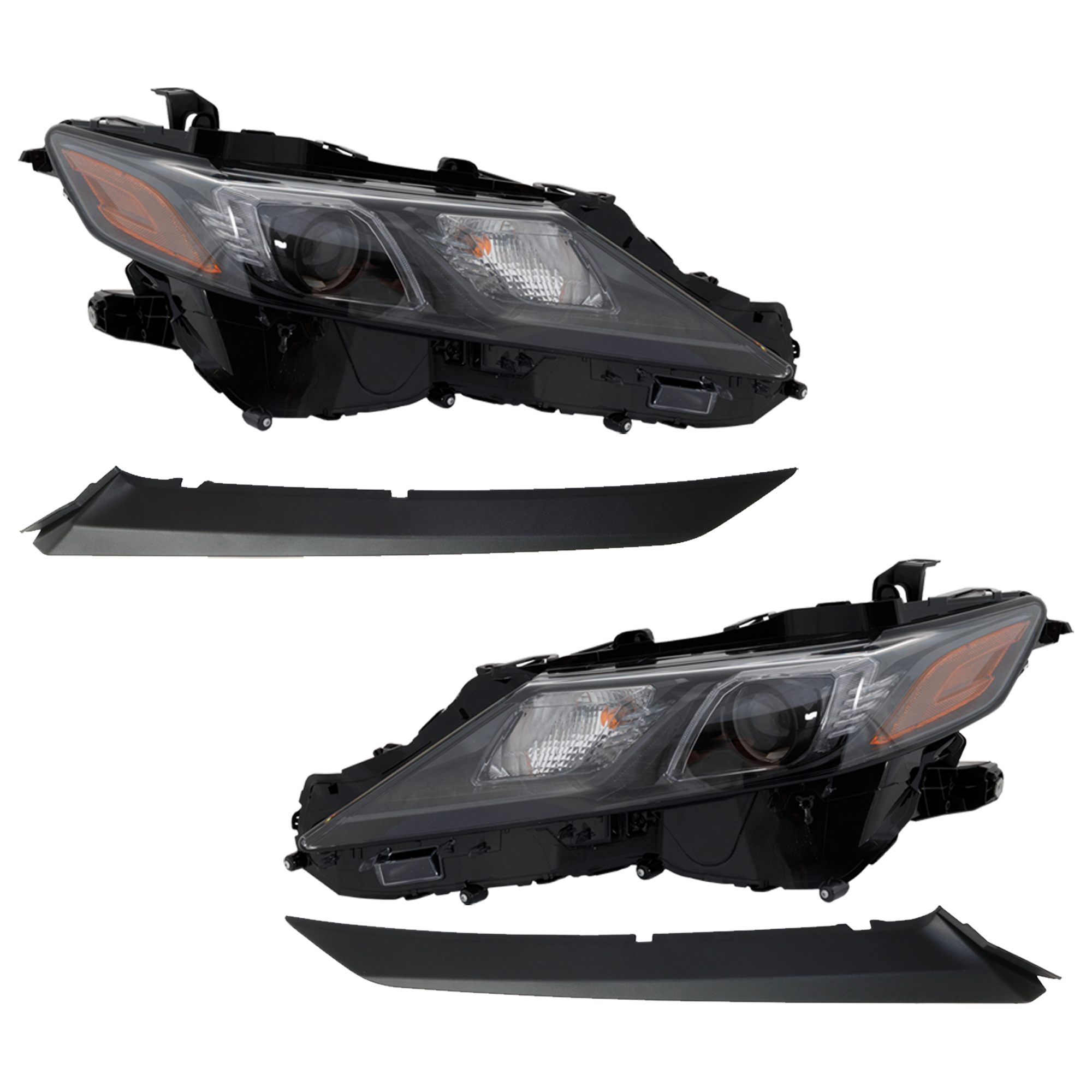 AM CAMRY 18-24 HEAD LAMP RH AND LH 4 pc kit Assembly Halogen with Bumper Trim SKU KIT 092723-110 Partslink TO2502299 TO2503299 TO1047105 TO1046105 OEM 8111006F60-8115006C20-52712061