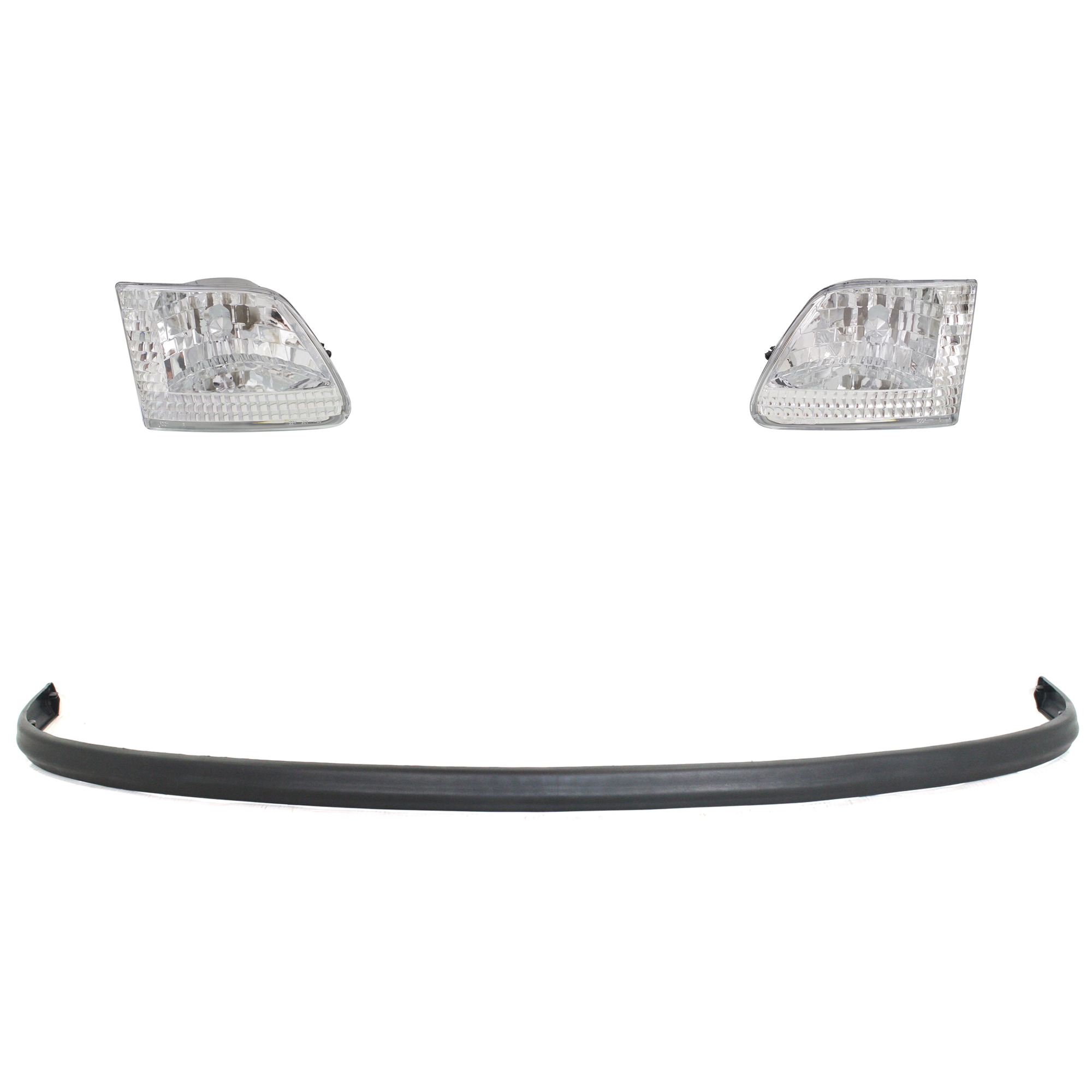 AM F 150 F 250-97-98 HEAD LAMP RH AND LH 4 pc kit Lens and Housing Halogen w Day Time Running Light Black Bezel with Bumper Trim SKU KIT 092723-146 Partslink FO1057284 OEM 3L3Z13008DA PFM 3L3Z13008CA PF