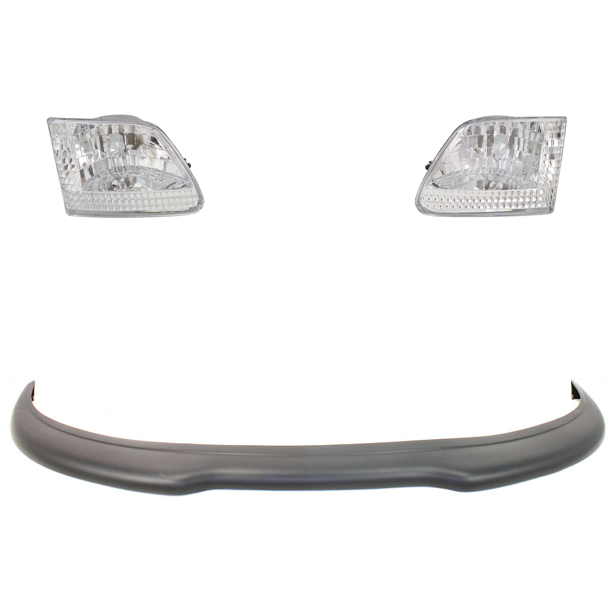 AM F 150 F 250 EXPEDITION 97-98 HEAD LAMP RH AND LH 4 pc kit Lens and Housing Halogen w Day Time Running Light Black Bezel with Bumper Trim SKU KIT 092723-147 Partslink FO1057279 OEM 3L3Z13008DA PFM 3L3Z13008CA PF