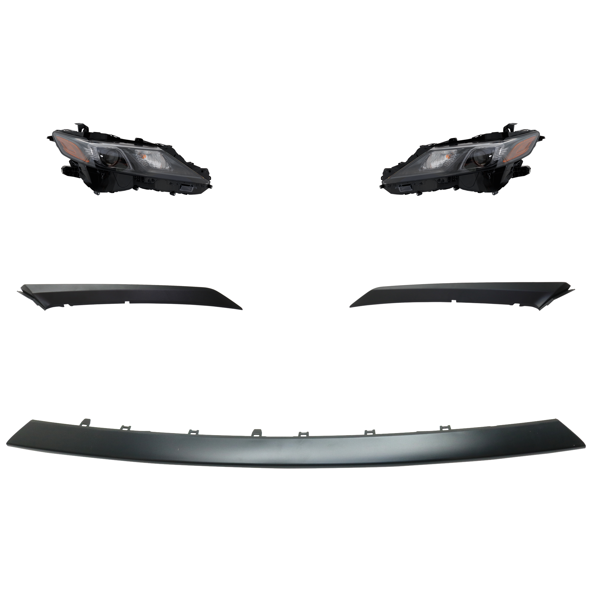 AM CAMRY 18-20 HEAD LAMP RH AND LH Assembly LED 5 pc Kit with Bumper Trim SKU KIT 092723-69 Partslink TO2502299 TO2503299 TO1047105 TO1046105 TO1044119 OEM 8111006F60-8115006C20-52712061