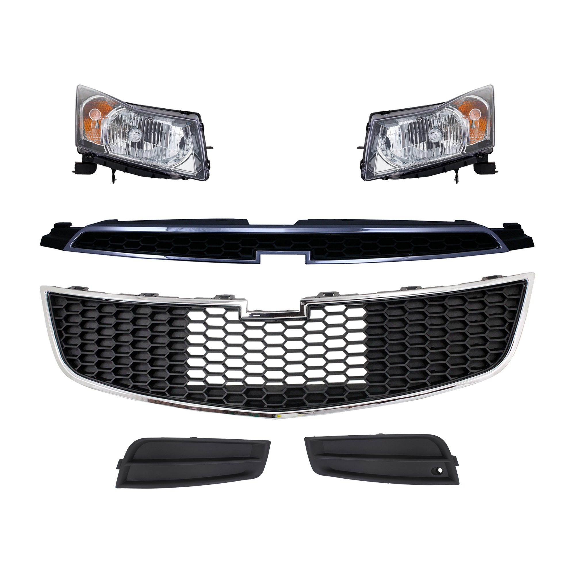 AM CRUZE 11-12 HEAD LAMP RH AND LH 6 Pc kit Assembly Halogen with Bumper Grille Fog Light Cover and Grille Assembly SKU KIT 092823-02 Partslink GM2502356 GM2502361 GM2503356 GM2503361 GM1200640 GM1038130 GM1039130 GM1200623 OEM 95900041-95291963-95900042-952