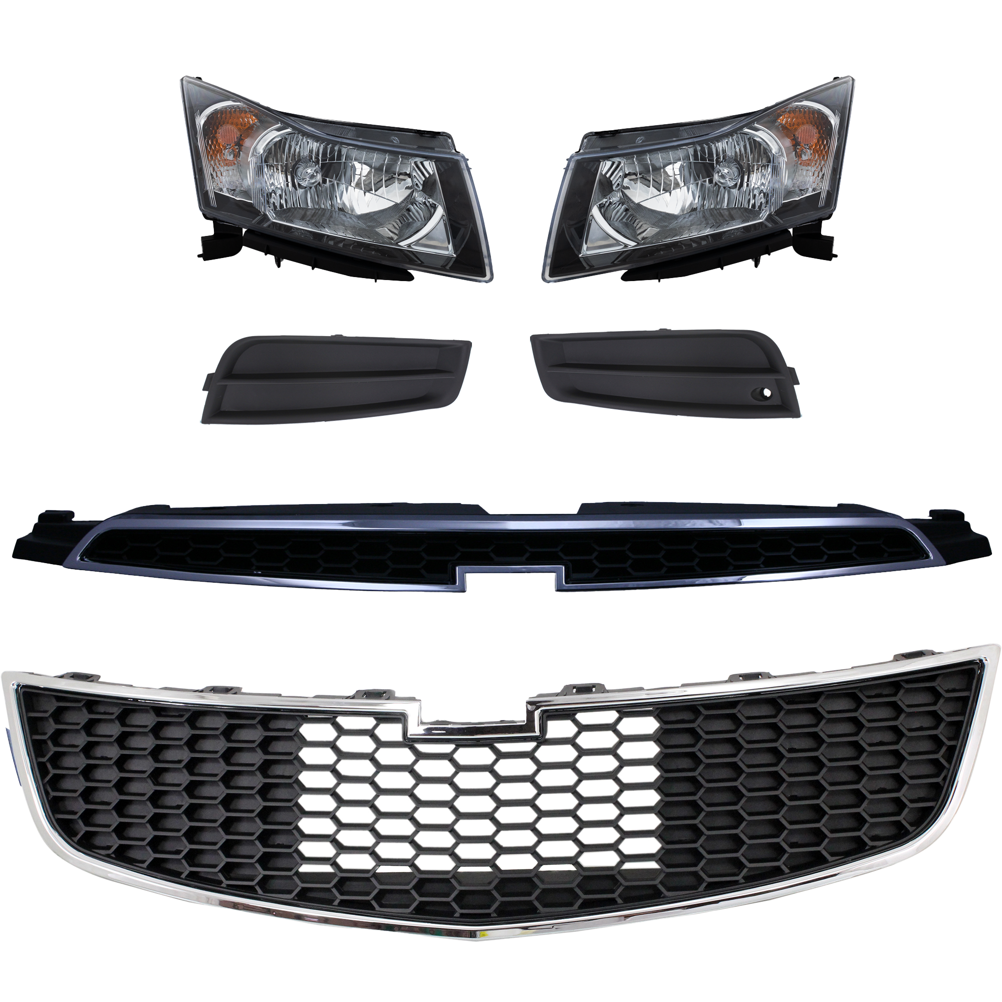 AM CRUZE 12-14 HEAD LAMP RH AND LH 6 Pc kit Assembly Halogen with Bumper Grille Fog Light Cover and Grille Assembly SKU KIT 092823-03 Partslink GM2502361 GM2502356 GM2503361 GM2503356 GM1200640 GM1038130 GM1039130 GM1200623 OEM 95291963-95900041-95291964-959