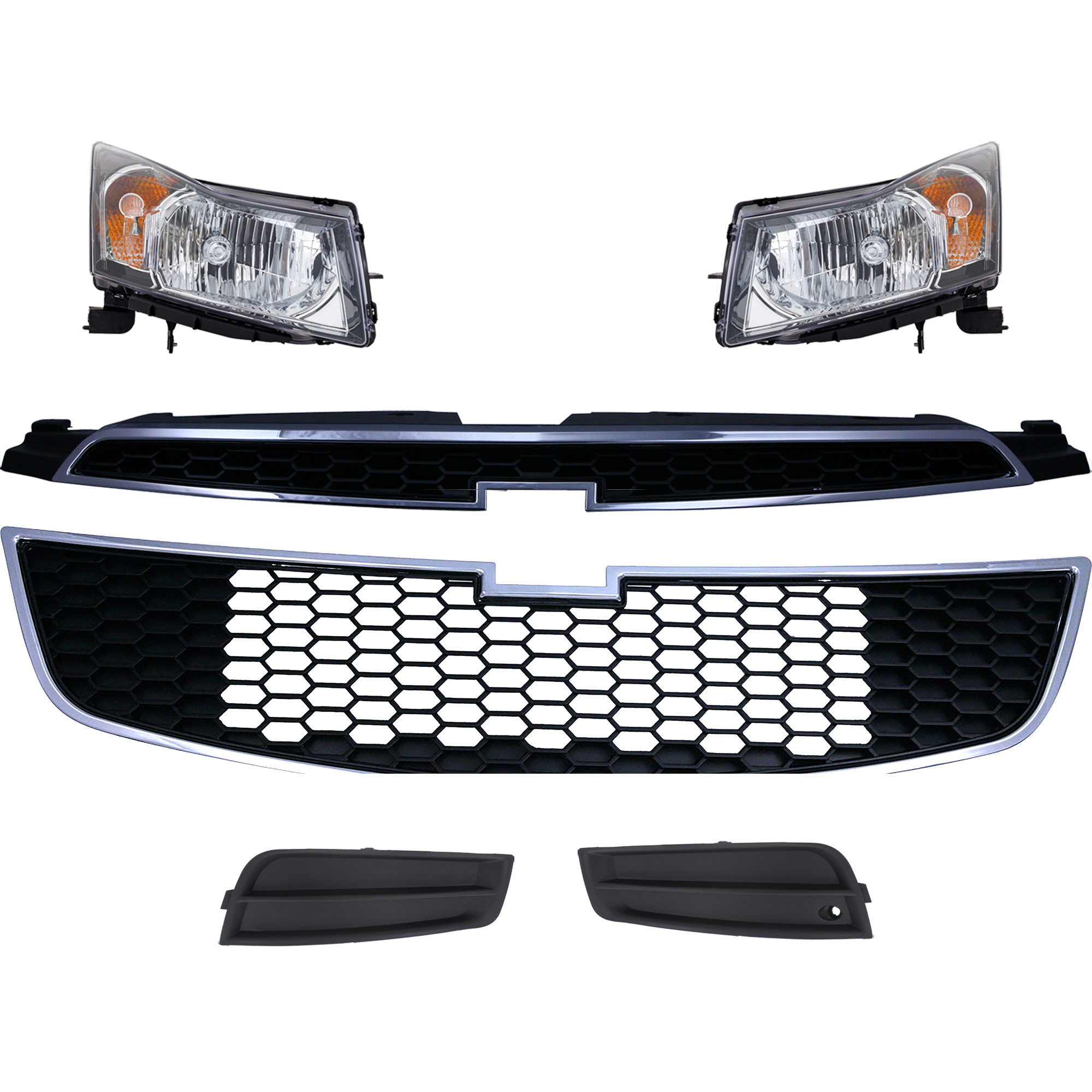 AM CRUZE 11-12 HEAD LAMP RH AND LH 6 Pc kit Assembly Halogen with Bumper Grille Fog Light Cover and Grille Assembly SKU KIT 092823-04 Partslink GM2502356 GM2502361 GM2503356 GM2503361 GM1200624 GM1038130 GM1039130 GM1200623 OEM 95900041-95291963-95900042-952
