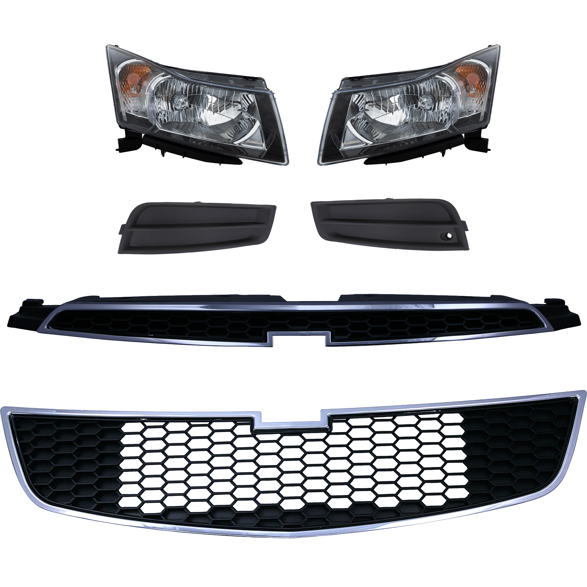 AM CRUZE 12-14 HEAD LAMP RH AND LH 6 Pc kit Assembly Halogen with Bumper Grille Fog Light Cover and Grille Assembly SKU KIT 092823-05 Partslink GM2502361 GM2502356 GM2503361 GM2503356 GM1200624 GM1038130 GM1039130 GM1200623 OEM 95291963-95900041-95291964-959