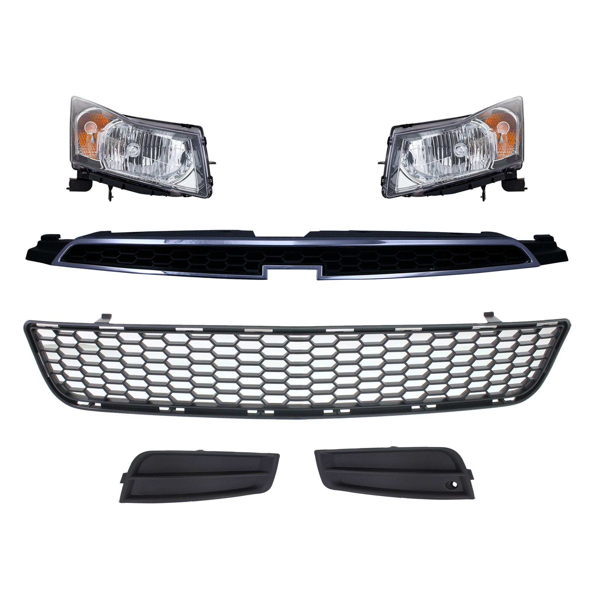AM CRUZE 11-12 HEAD LAMP RH AND LH 6 Pc kit Assembly Halogen with Bumper Grille Fog Light Cover and Grille Assembly SKU KIT 092823-08 Partslink GM2502356 GM2502361 GM2503356 GM2503361 GM1036142 GM1038130 GM1039130 GM1200623 OEM 95900041-95291963-95900042-952