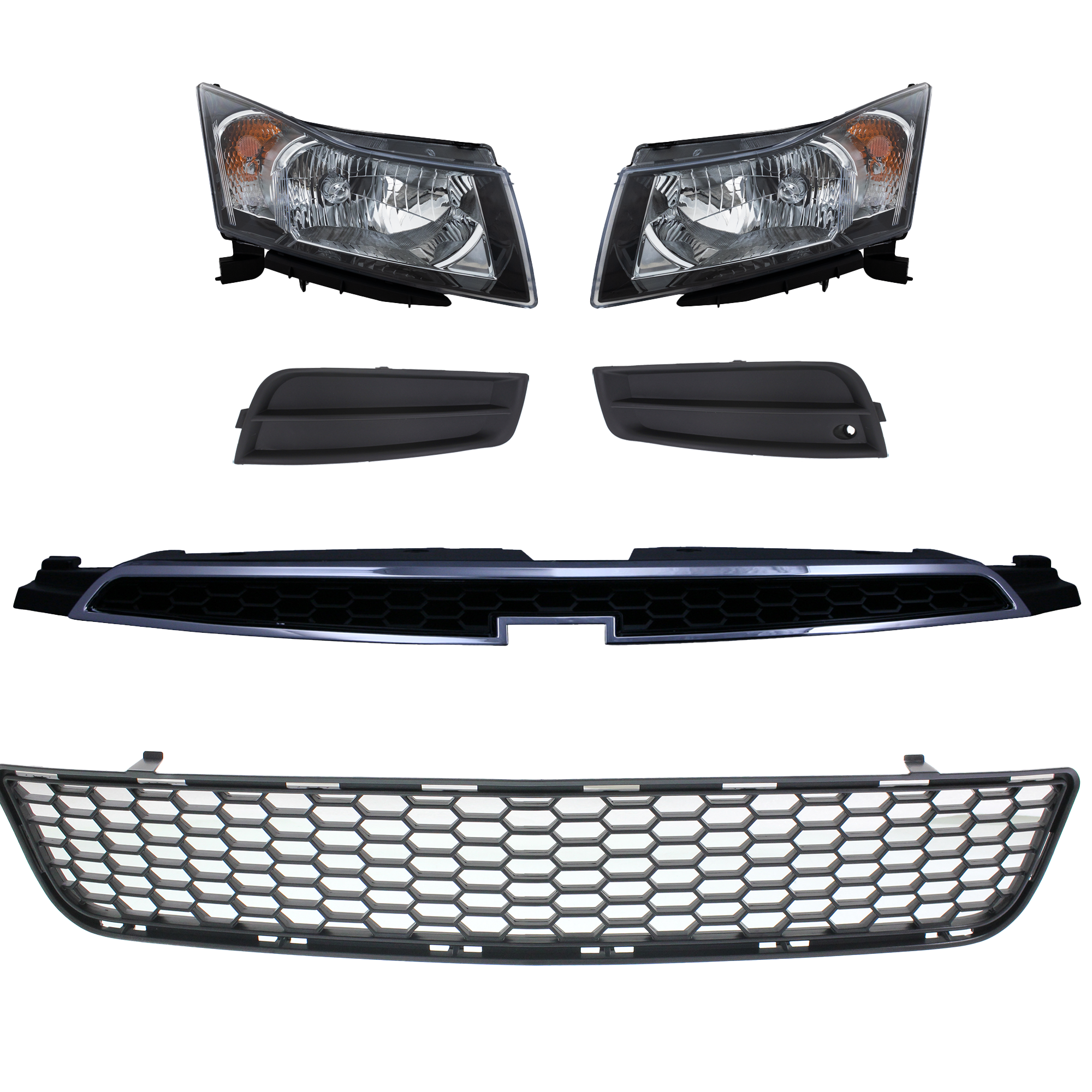 AM CRUZE 12-14 HEAD LAMP RH AND LH 6 Pc kit Assembly Halogen with Bumper Grille Fog Light Cover and Grille Assembly SKU KIT 092823-09 Partslink GM2502361 GM2502356 GM2503361 GM2503356 GM1036142 GM1038130 GM1039130 GM1200623 OEM 95291963-95900041-95291964-959