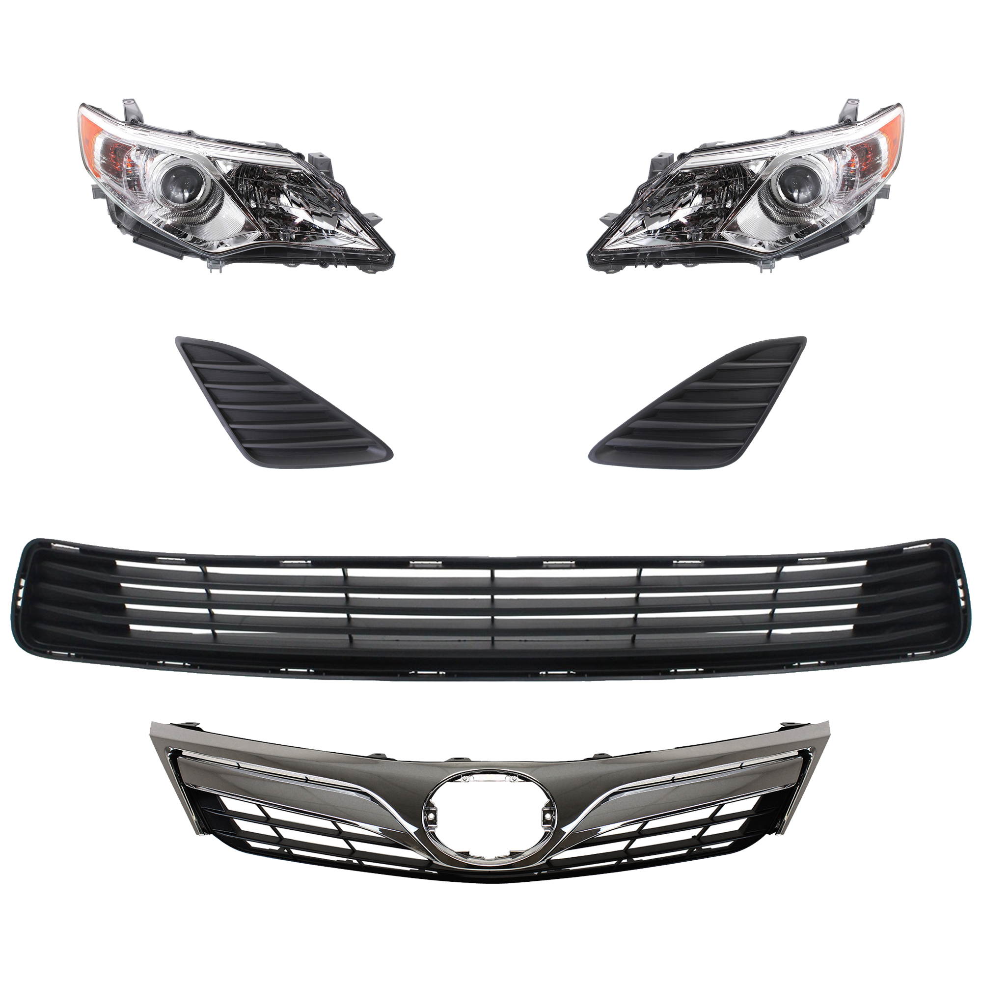 AM CAMRY 12-14 HEAD LAMP RH AND LH 6 Pc kit Assembly Halogen with Bumper Grille Fog Light Cover and Grille Assembly SKU KIT 092823-100 Partslink TO2502211 TO2503211 TO1036128 TO1038147 TO1039147 TO1200343 OEM 8111006470-8115006470-53112062