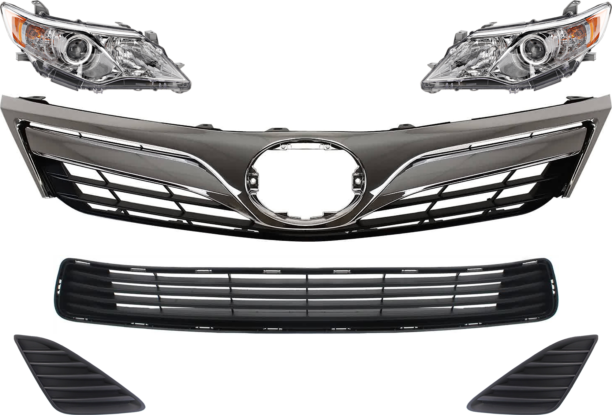 AM CAMRY 12-14 GRILLE 6 pc Kit with Bumper Grille Fog Light Covers and Headlights CAPA SKU KIT 092823-102 Partslink TO1036128C TO1038147 TO1039147 TO1200343C TO2502211C TO2503211C OEM 5212706260-5212806260-53101065